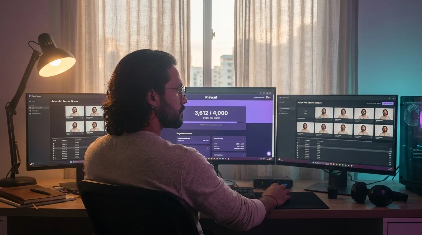 Diego Ribeiro at his São Paulo workstation reviewing the Playcut credit-balance dashboard alongside two flanking actor-act render queues in atmospheric late-afternoon practical light, Playcut Imagen 4 generation
