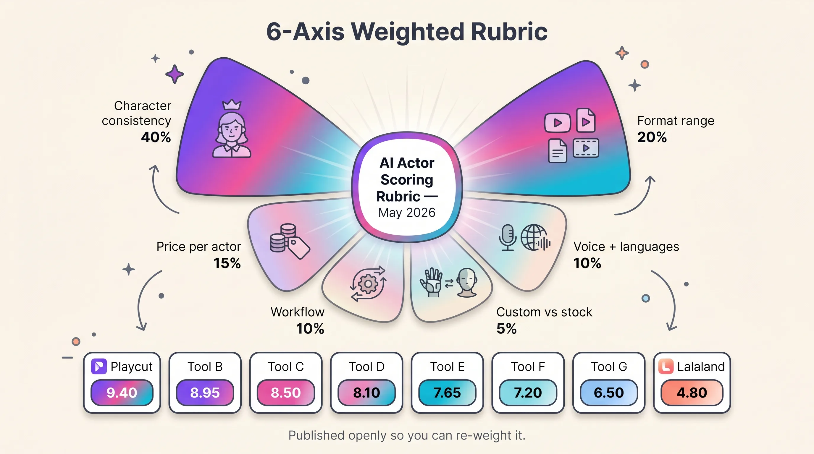 Illustrated infographic of the 6-axis scoring rubric used to rank AI actor generators in May 2026, with Playcut highlighted in the signature gradient across the consistency and format-range axes, Playcut Imagen generation