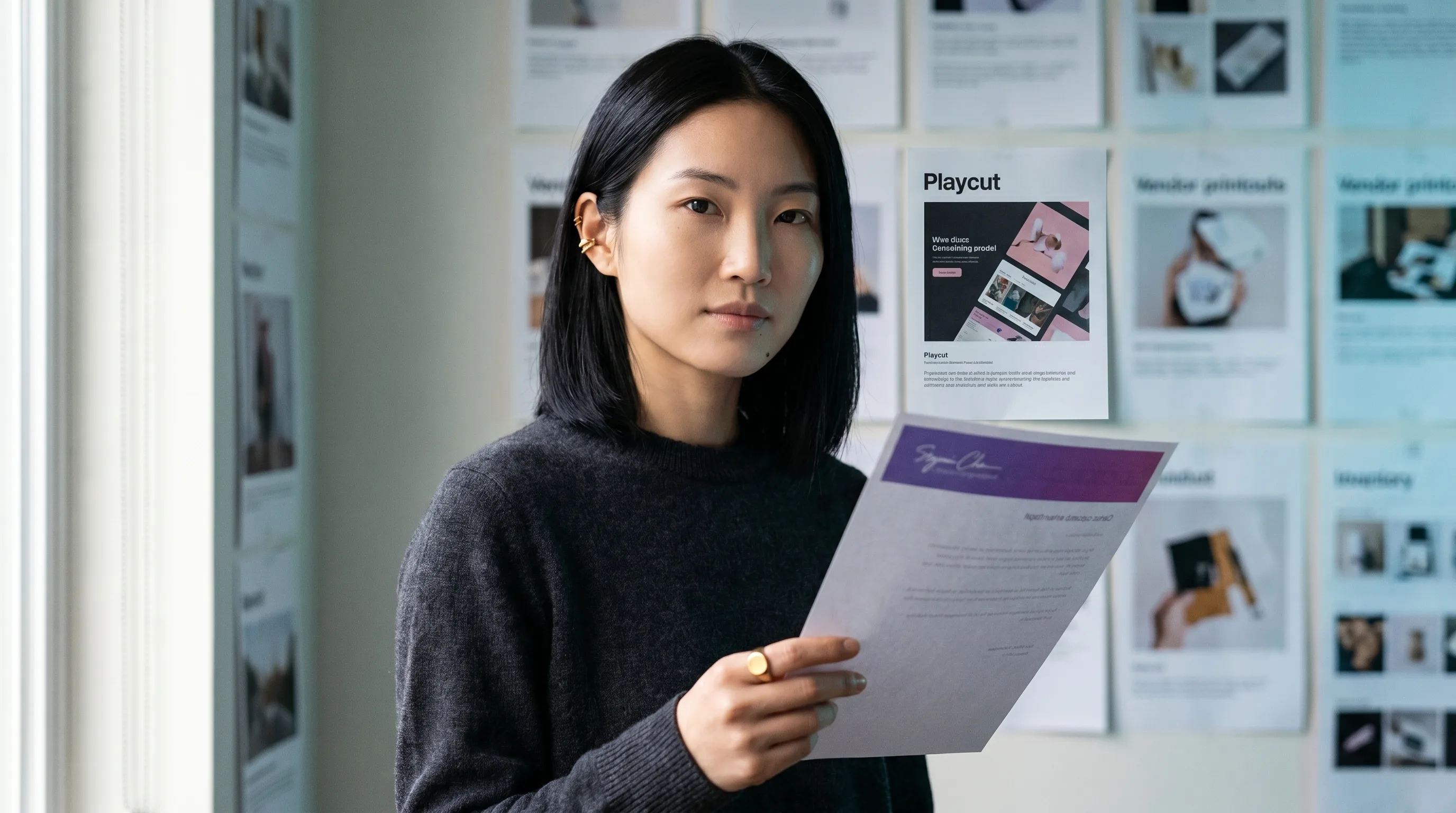 Mira Chen mid-frame at a sunlit Toronto studio comparing eight AI actor generator printouts pinned to a wall, Playcut highlighted in violet, Playcut Imagen generation