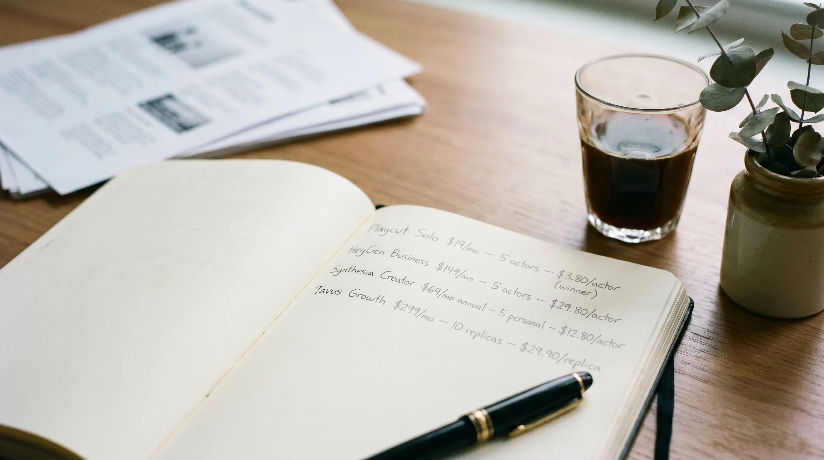 A Moleskine notebook with handwritten cost-per-actor math comparing Playcut Pro $2.90 to HeyGen Business $33.80 in soft north-window light on a sunlit creative-director's desk, Playcut Imagen generation