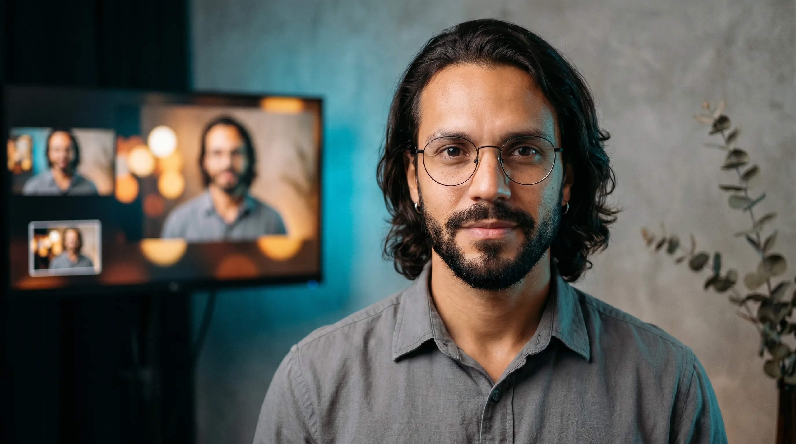 A São Paulo AI ad operator with calm direct gaze, the Playcut Actor Engine workflow softly out of focus behind him, Playcut Imagen generation