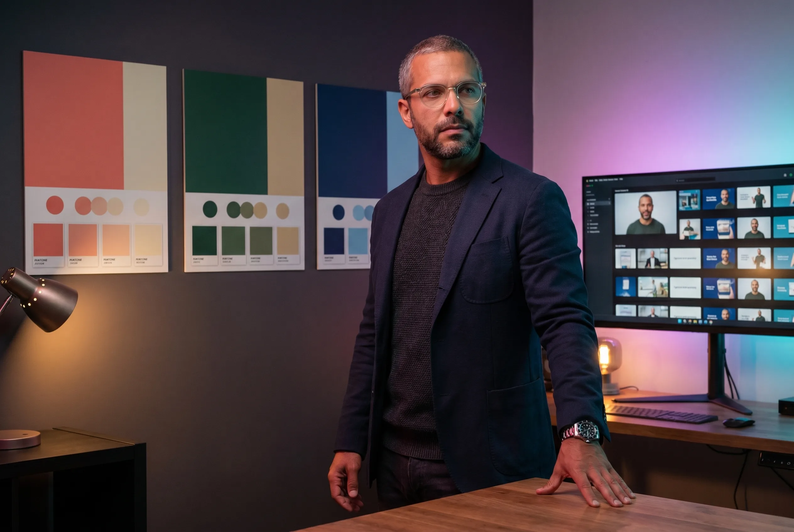 Agency founder reviewing ad creative AI output in a strategy war room — three client brand boards with distinct color palettes beside a monitor wall showing a grid of ad variants, every spokesperson frame rendered by the Playcut Actor Engine