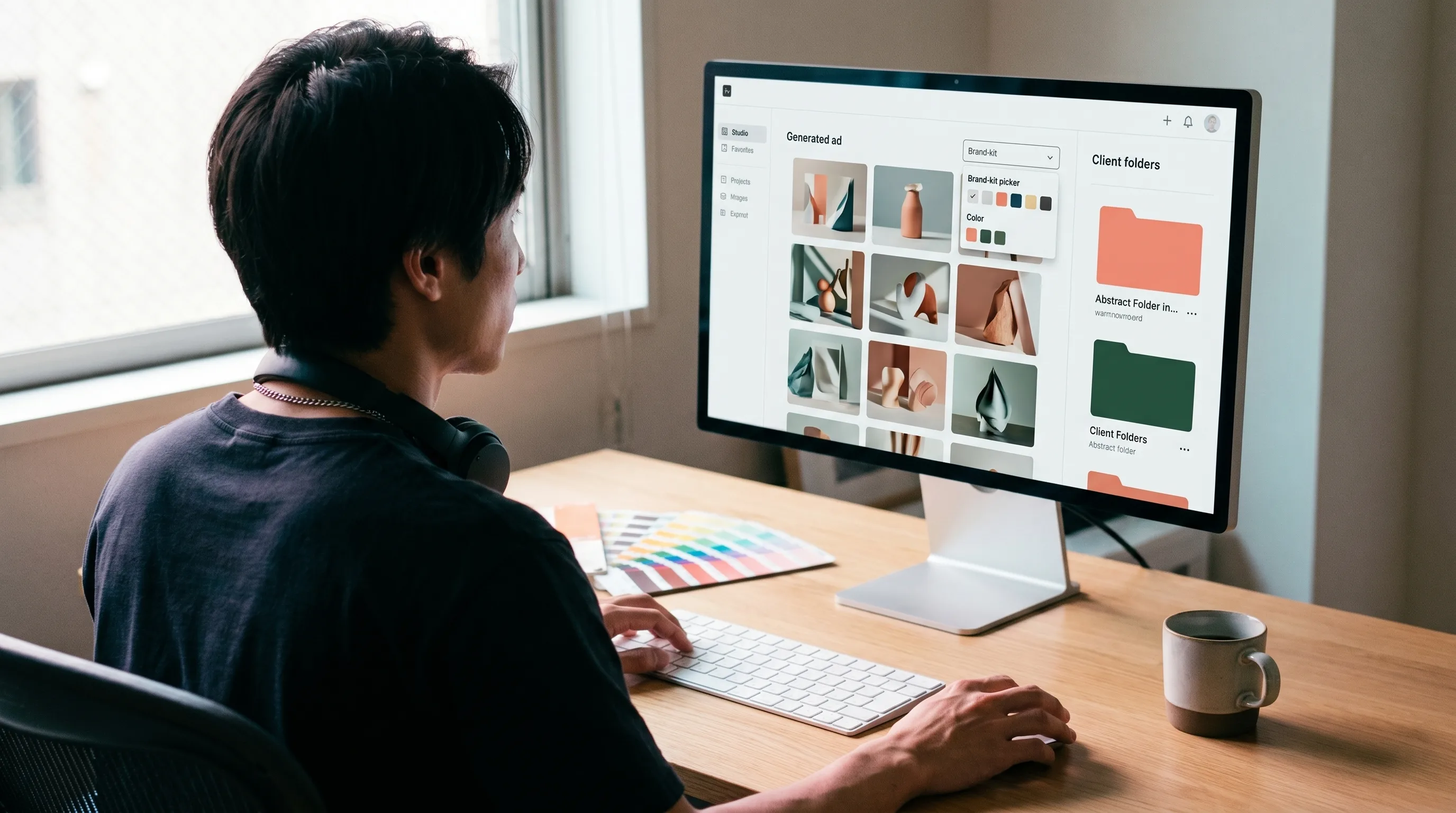 Agency producer tagging a client brand kit on a generation batch in a Playcut workspace, two client folders with visibly different color palettes open on the monitor, rendered by the Playcut Actor Engine