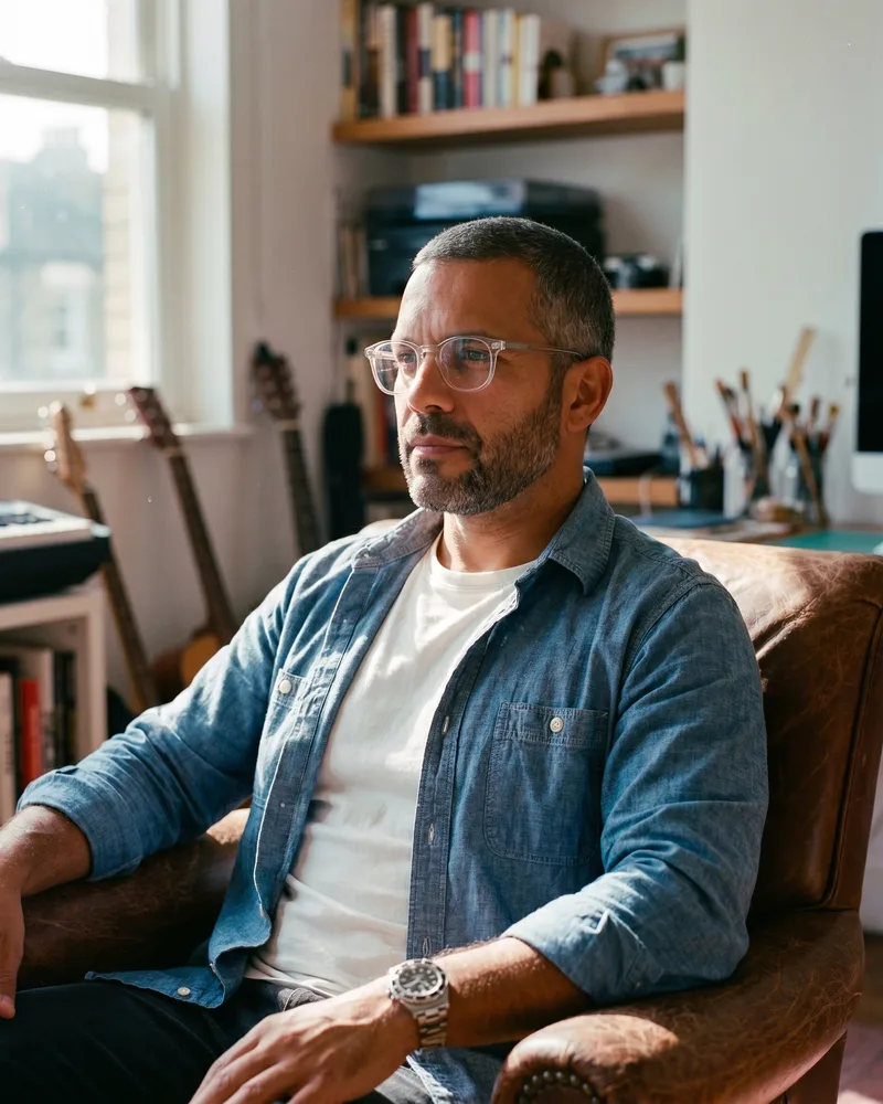 A clean, well-lit reference frame of the custom AI avatar in a home study with soft window light, the kind of neutral source that sets the quality ceiling, rendered by the Playcut Actor Engine