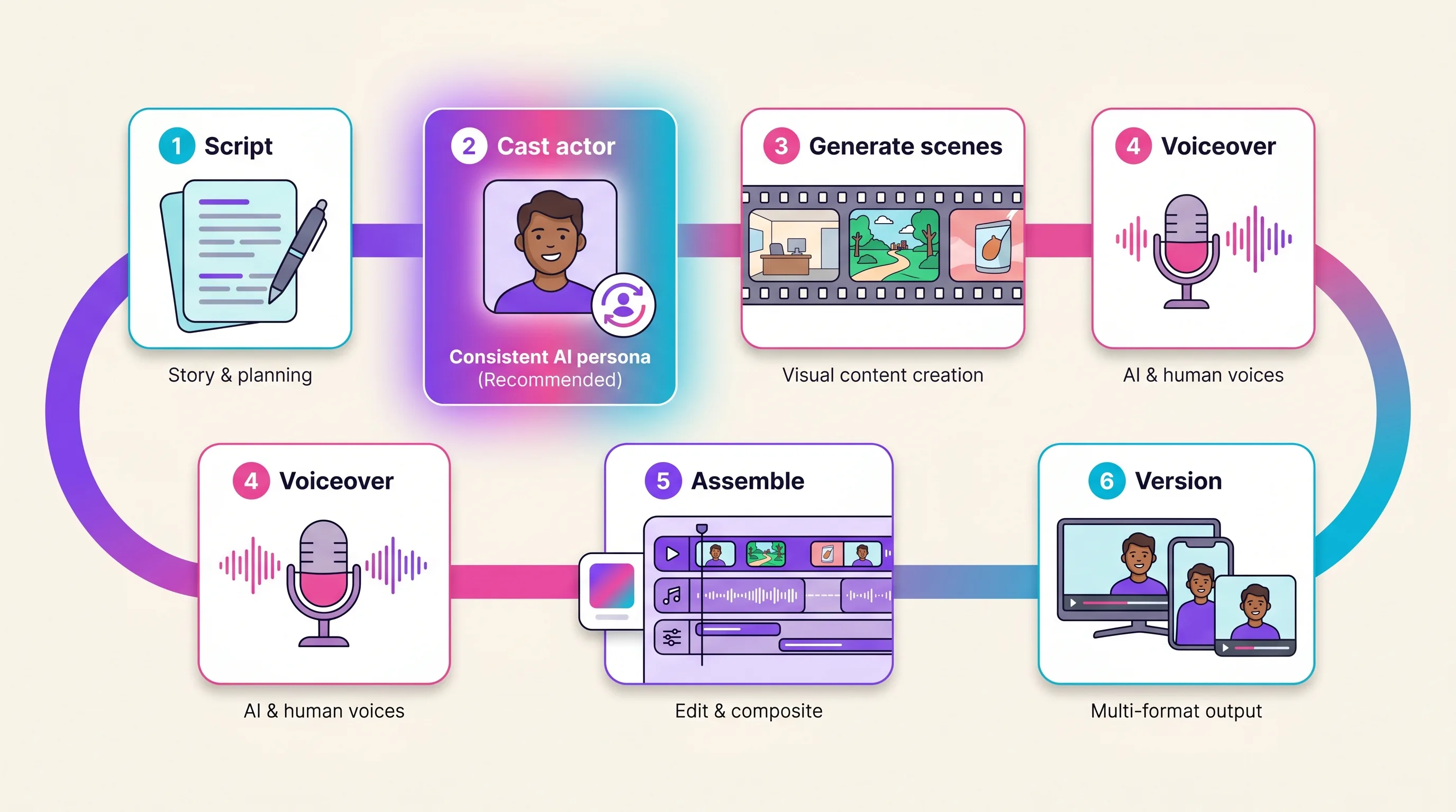 A six-step AI commercial workflow diagram flowing from script to actor casting to scene generation to voiceover to assembly to platform versioning, with the actor-consistency path highlighted as the recommended route