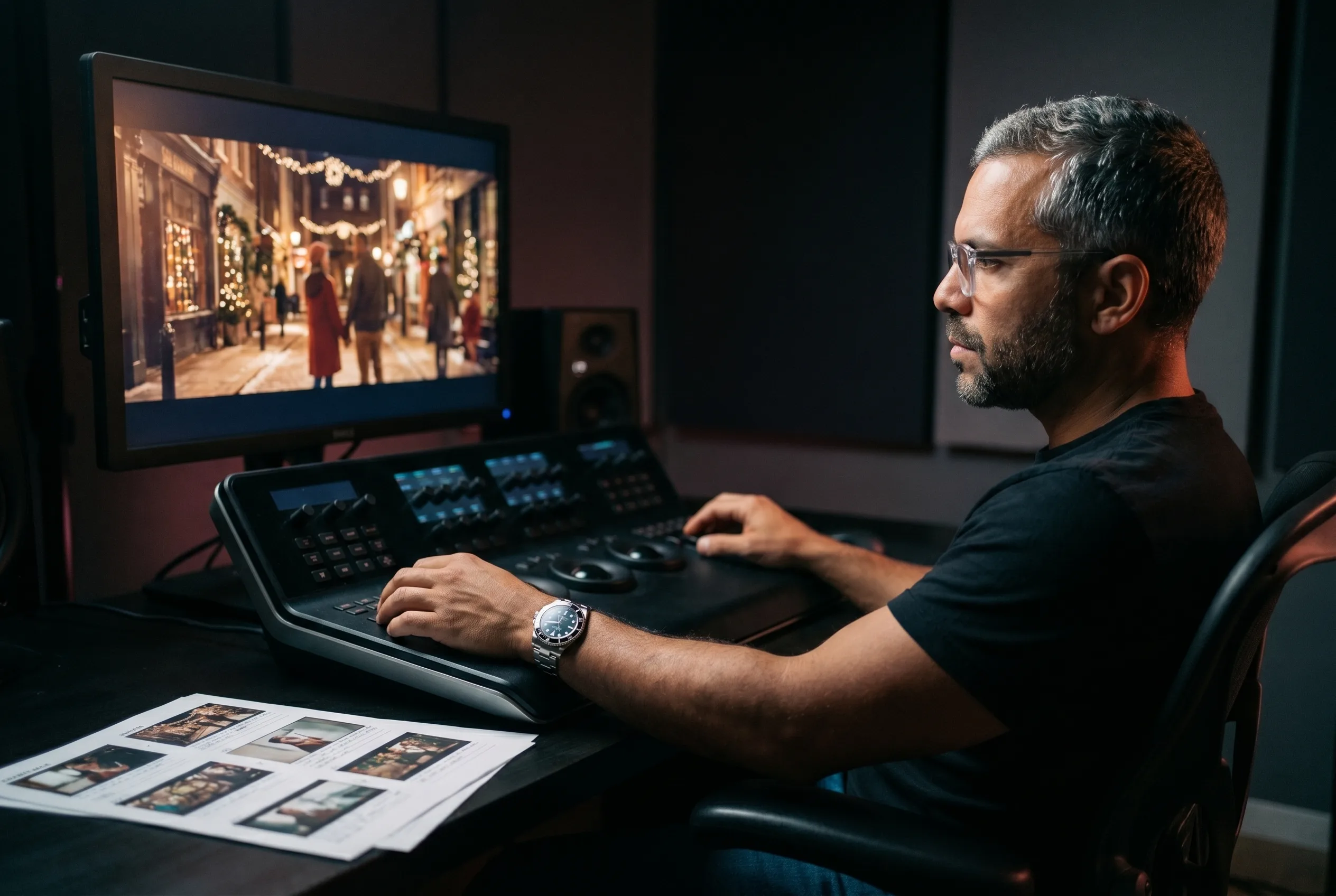 A creative director pausing a frame of an artificial intelligence commercial on the grading monitor of a darkened review suite, storyboard printouts laid out beside the console, rendered by the Playcut Actor Engine