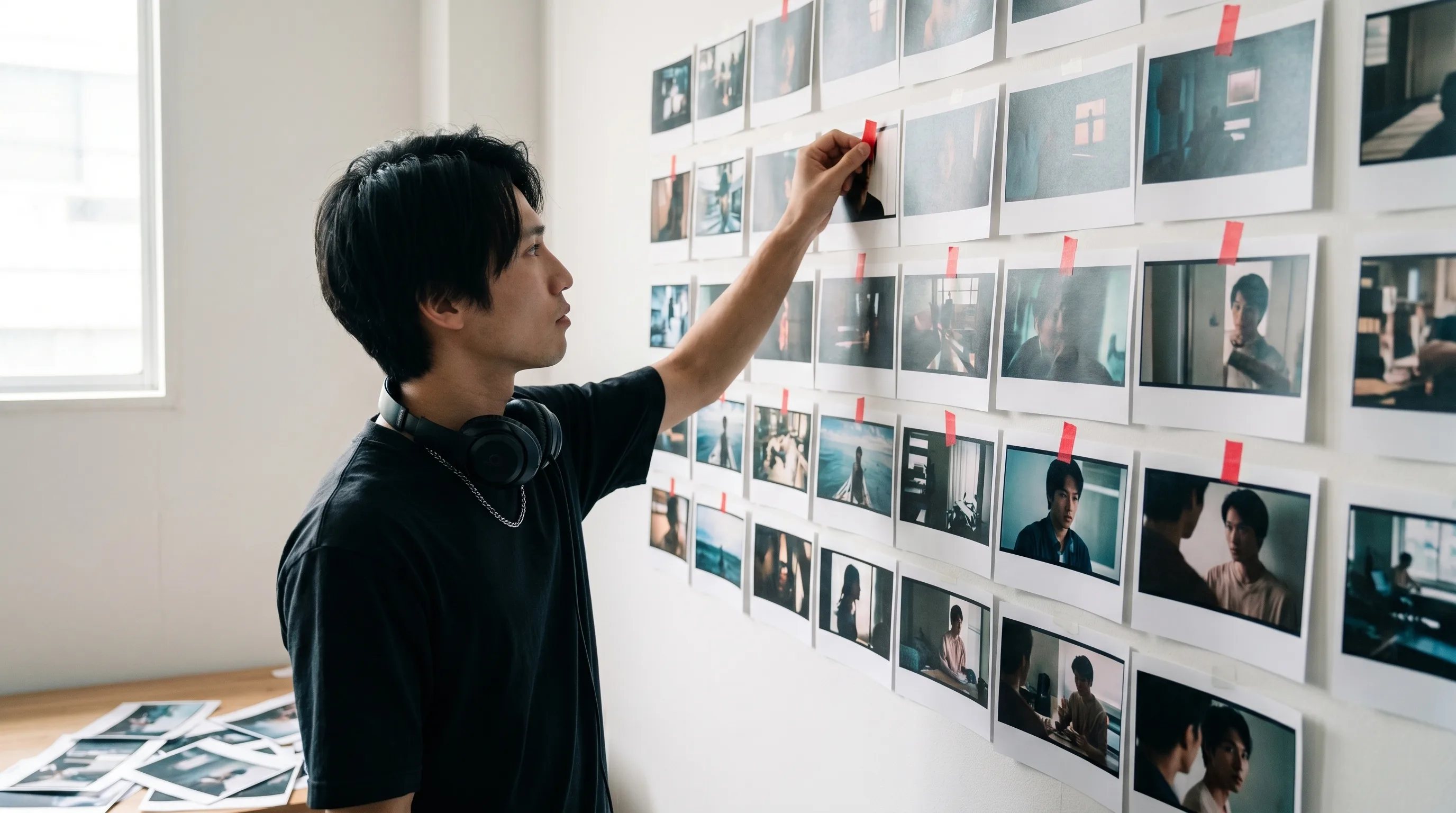 A young creator storyboarding a 30-second commercial on a studio wall covered with printed AI-generated frames arranged in shot order, marking selects with tape, rendered by the Playcut Actor Engine