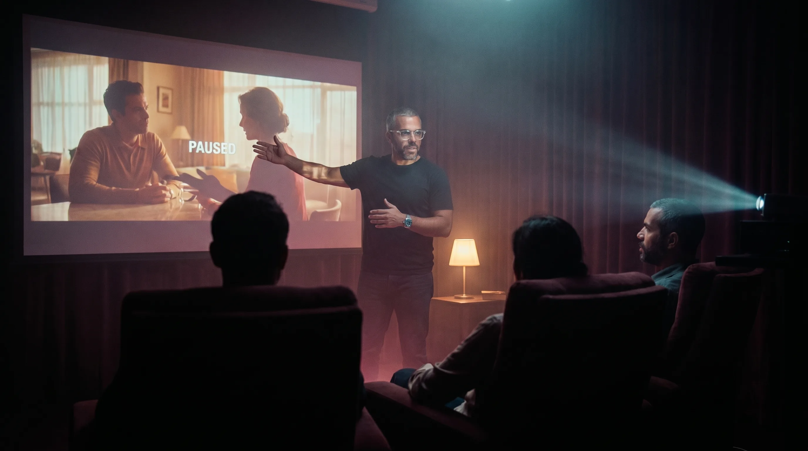 An agency creative director presenting a paused AI commercial cut on a large screen to a small brand team in a private screening room, rendered by the Playcut Actor Engine