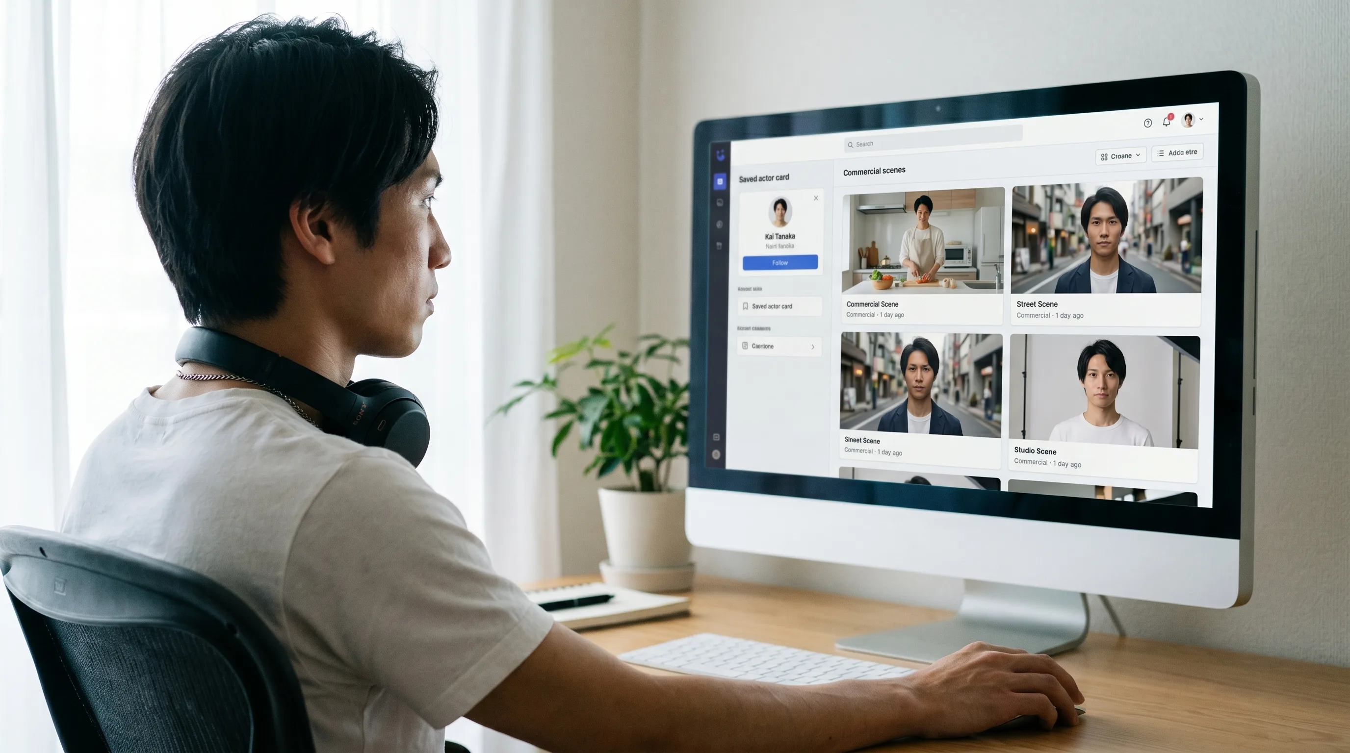 A creator working in the Playcut workspace on a desktop monitor, casting the same saved AI actor across a grid of commercial scene thumbnails — kitchen, street, and studio setups all showing one identical face, rendered by the Playcut Actor Engine