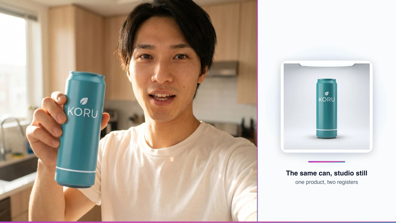 One product shown two ways in a single frame — an indie creator presenting a beverage can to camera in a casual handheld read, and the same can as a clean studio hero still — the identical product across both registers, rendered by the Playcut Actor Engine