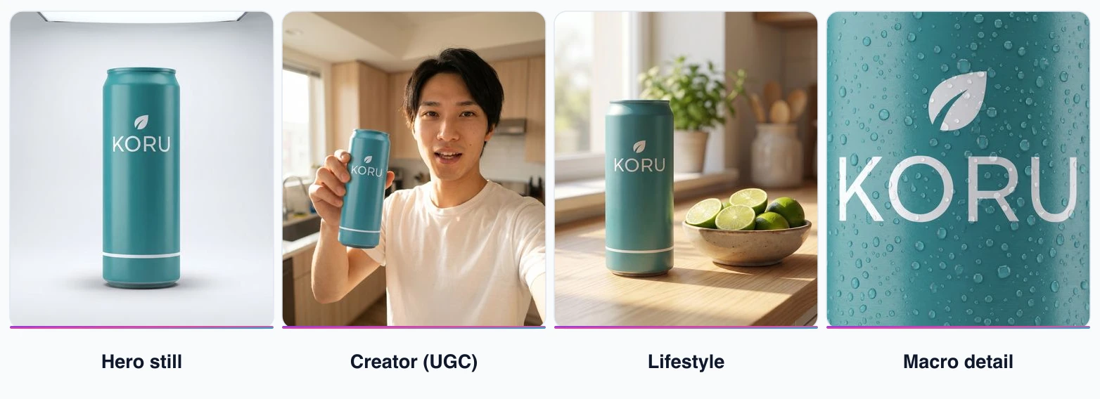 The same beverage can shown across four ad surfaces — a clean hero still, a creator holding it in a UGC clip, a lifestyle kitchen scene, and a macro close-up on the label — the identical product in every frame, rendered by the Playcut Actor Engine