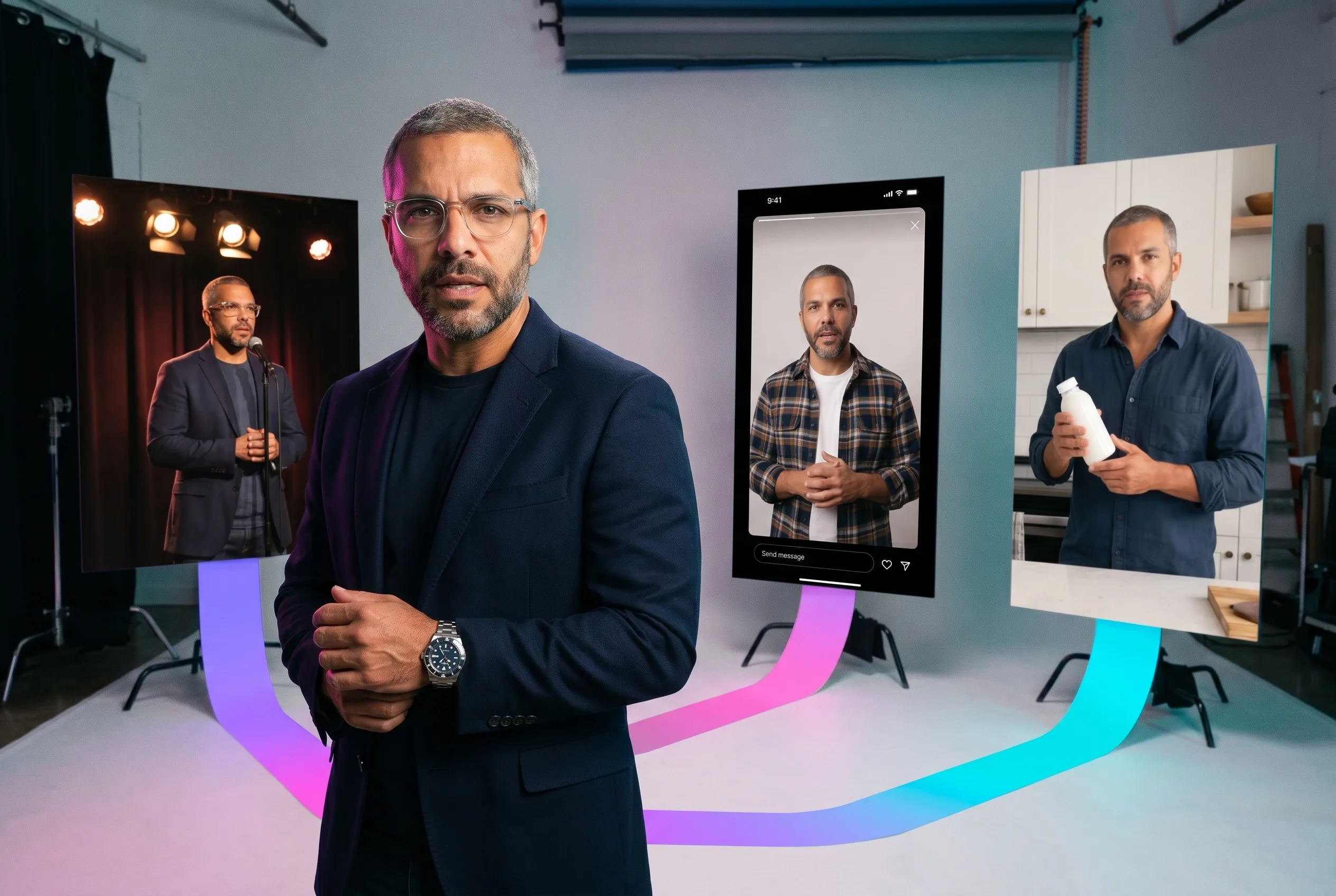 An AI spokesperson holding the same face across four commercial contexts — a daylight studio explainer, a conference keynote stage, a golden-hour vertical social frame, and a bright kitchen product shot — rendered by the Playcut Actor Engine