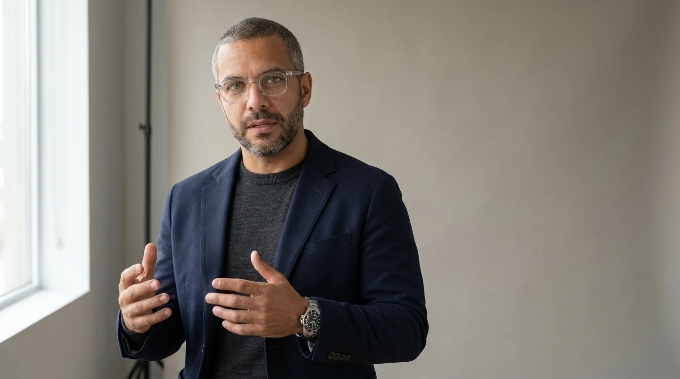 The AI spokesperson in a navy blazer and clear-frame glasses delivering a corporate explainer to camera in a daylight studio, rendered by the Playcut Actor Engine