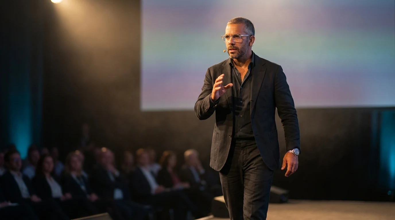 The same spokesperson mid-stride on a conference keynote stage with a blurred audience behind him — the widest and harshest-lit frame in the four-context run