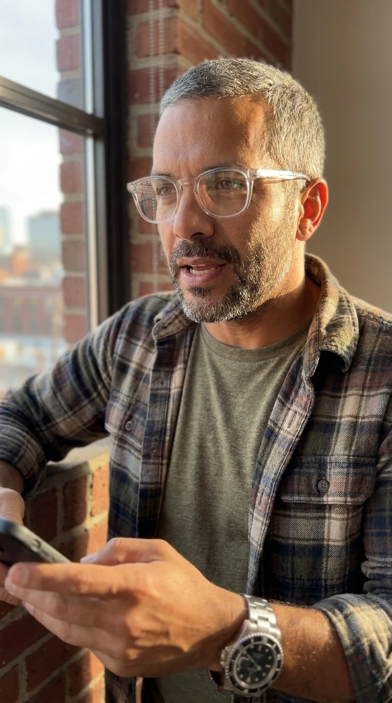 The same spokesperson in a flannel overshirt talking by a brick loft window at golden hour, phone in hand — the vertical social context from the same saved actor