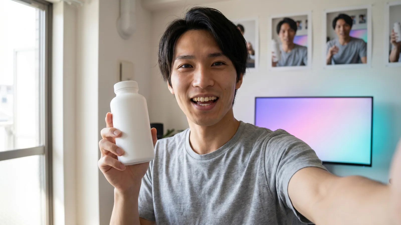 AI UGC concept shown as one synthetic creator delivering a casual direct-to-camera product read in a vertical phone-style clip, the same saved AI actor repeated across several UGC ad variants on a studio wall, rendered by the Playcut Actor Engine
