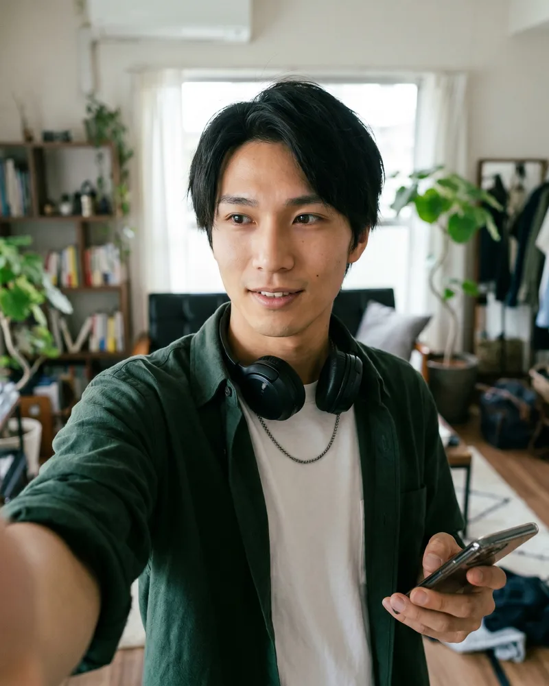 An AI UGC creator delivering a casual direct-to-camera product read in an arm's-length selfie clip, the synthetic-creator format that AI UGC imitates, rendered by the Playcut Actor Engine