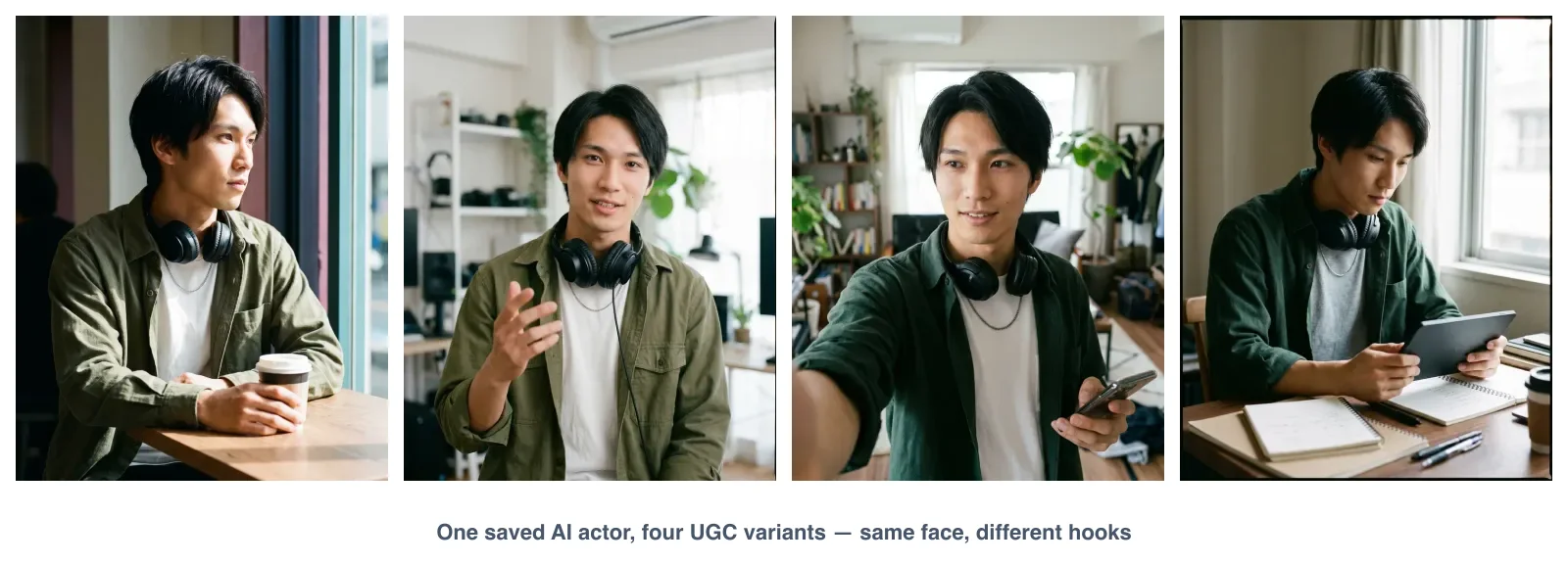 Four UGC clips of the same saved AI creator in different scenes and outfits, showing one actor reused across many variants with the same face, rendered by the Playcut Actor Engine