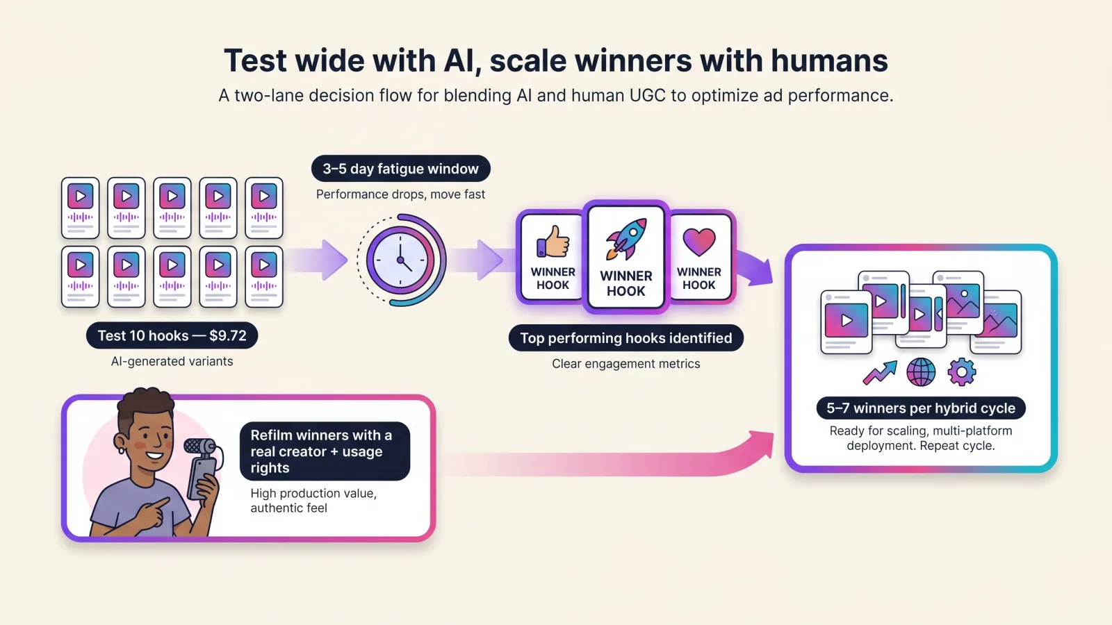 Illustrated two-lane decision flow for blending AI and human UGC — test wide with AI hook batches on a weekly fatigue clock, then scale winning concepts with real creators and usage rights, with budget-split annotations along each lane