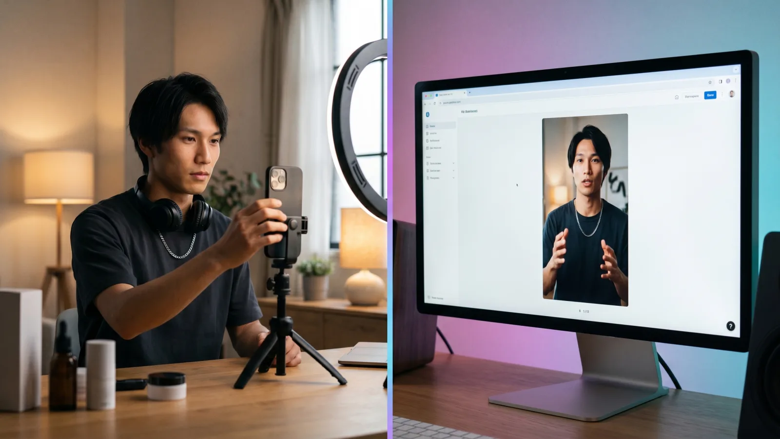 Split-frame scene comparing AI UGC vs real UGC production — on the left a creator films a phone testimonial at a ring light, on the right the same-energy AI ad frame holds one consistent AI actor on a Playcut workspace screen, rendered by the Playcut Actor Engine
