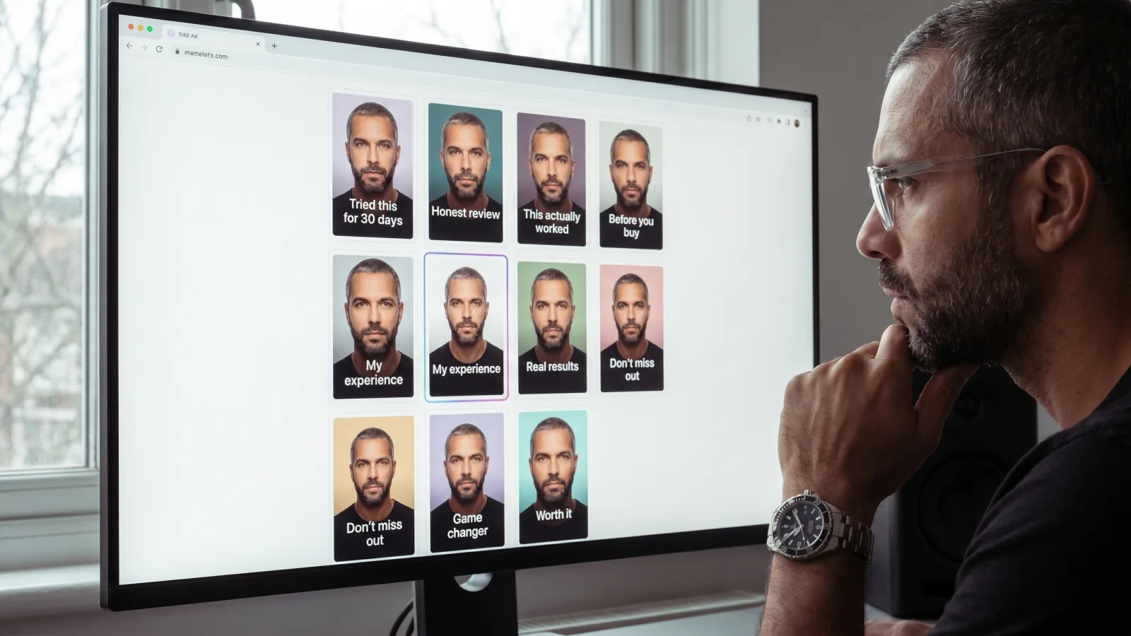 Grid of vertical UGC ad variants all fronted by the same AI actor with different hooks, captions, and aspect ratios, his face identical in every tile, displayed in a Playcut workspace, rendered by the Playcut Actor Engine