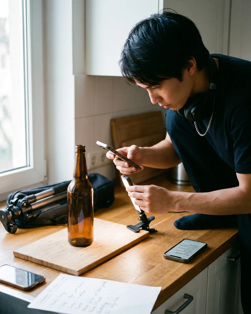 UGC creator filming a handheld kitchen demo of an unbranded product on a phone rig in soft window light, mid-take — the human production lane of the AI UGC vs real UGC comparison, rendered by the Playcut Actor Engine
