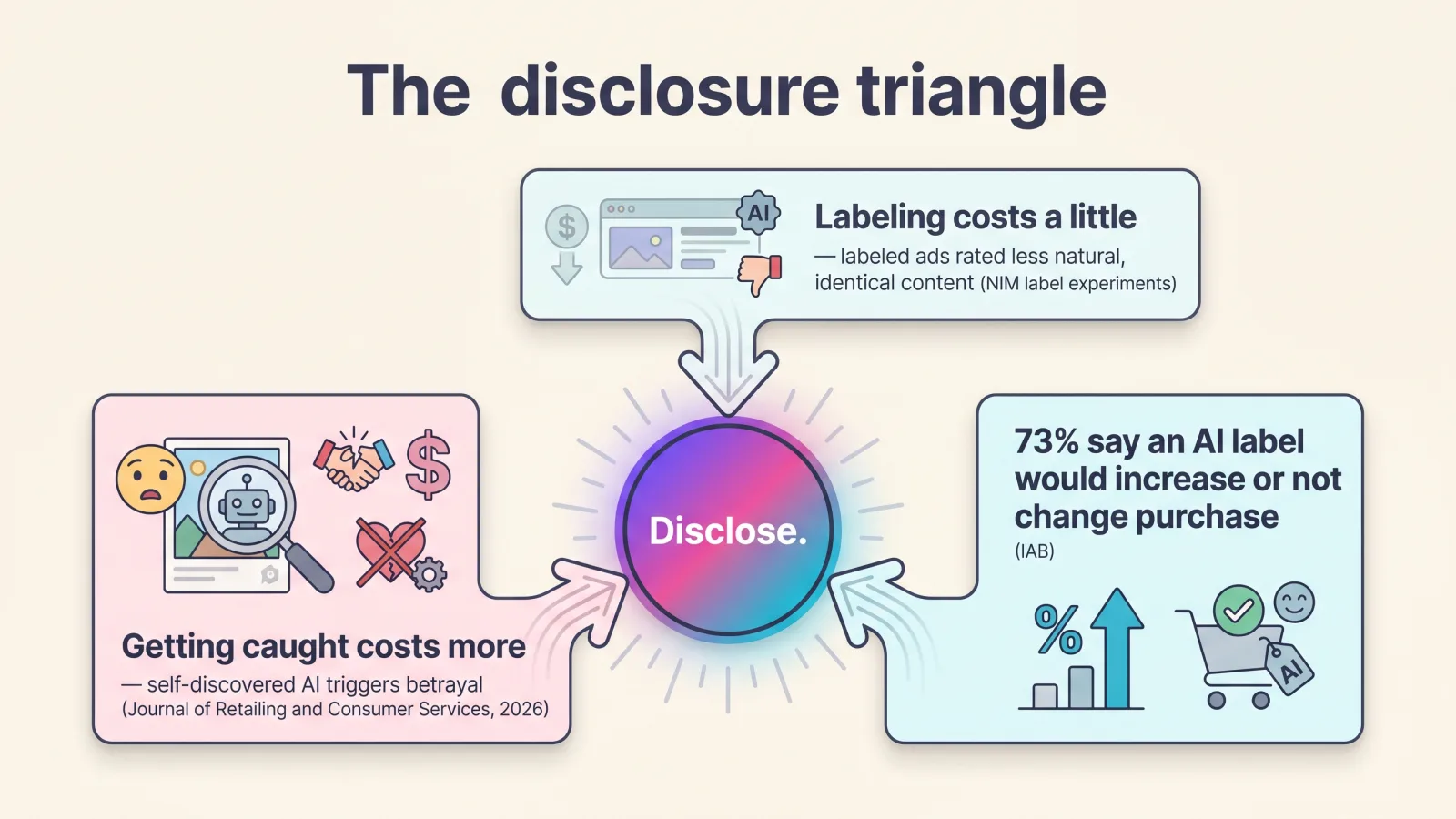 Illustrated disclosure triangle for AI-generated ads — a small labeling cost from label experiments, a larger getting-caught cost from recognition research, and 73% purchase-intent resilience from the IAB study — three arrows converging on the word disclose