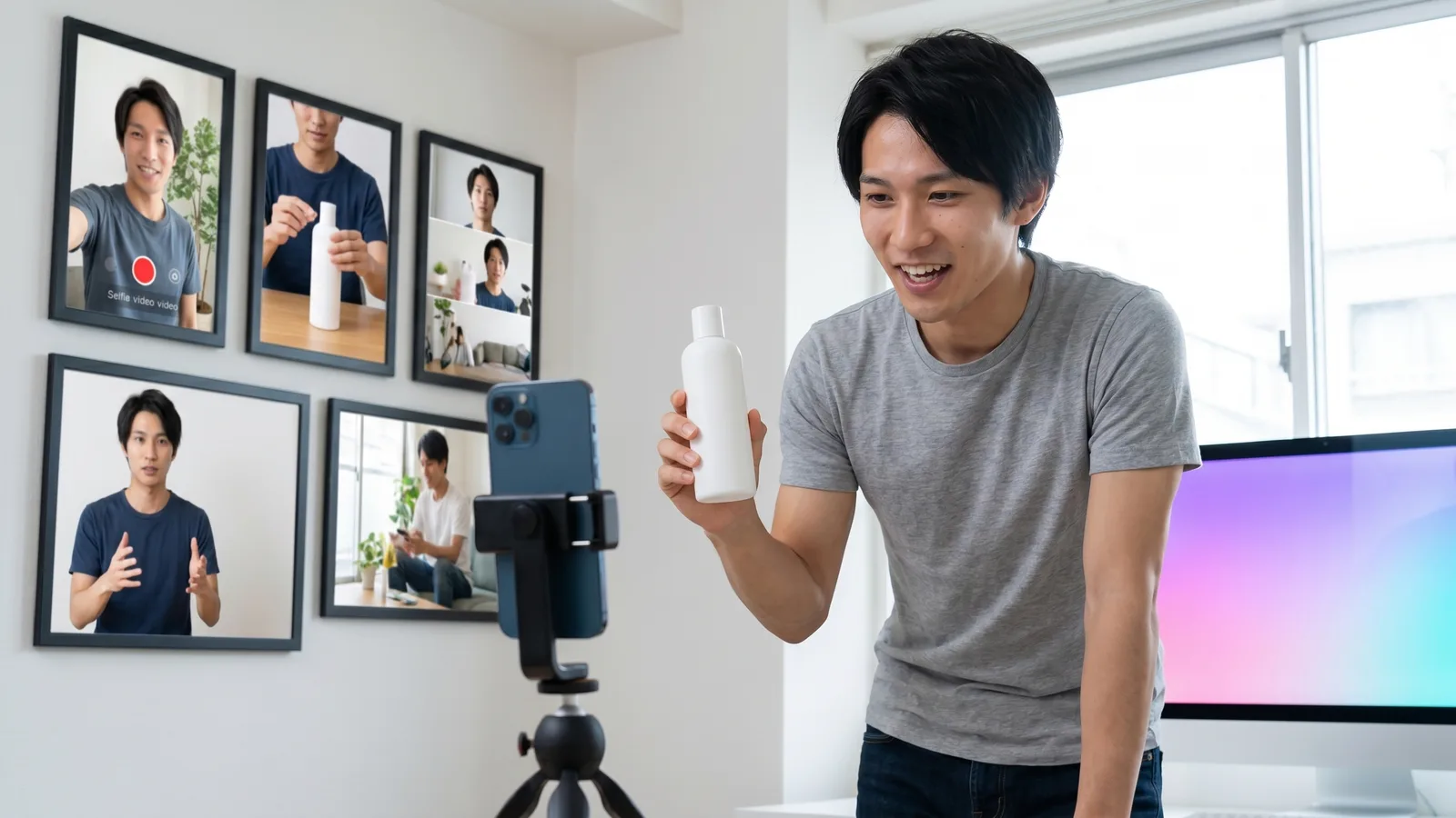 AI video ads concept shown as one saved AI actor selling a single product across five different ad formats — a casual selfie read, a product demo, a testimonial, a talking-head explainer, and a lifestyle scene — arranged as a grid on a studio wall, rendered by the Playcut Actor Engine