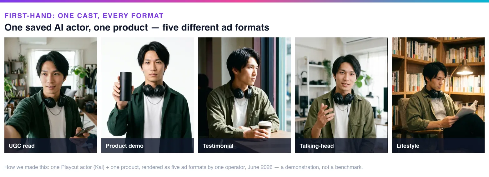 A labeled grid of one saved AI actor selling one product across five ad formats — UGC read, product demo, testimonial, talking-head, and lifestyle — the same person in every tile, rendered by the Playcut Actor Engine