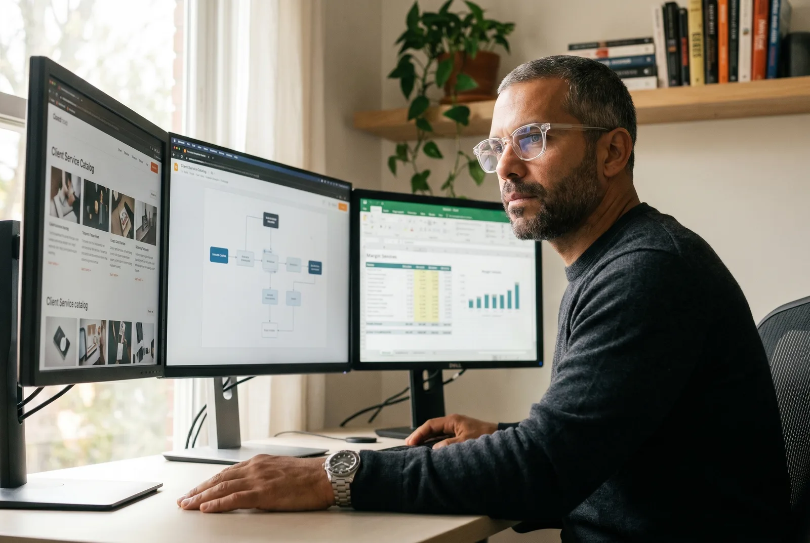 An AI video agency operator at a multi-monitor workstation reviewing a client service catalog, a tool-stack diagram, and a per-deliverable margin spreadsheet across three screens
