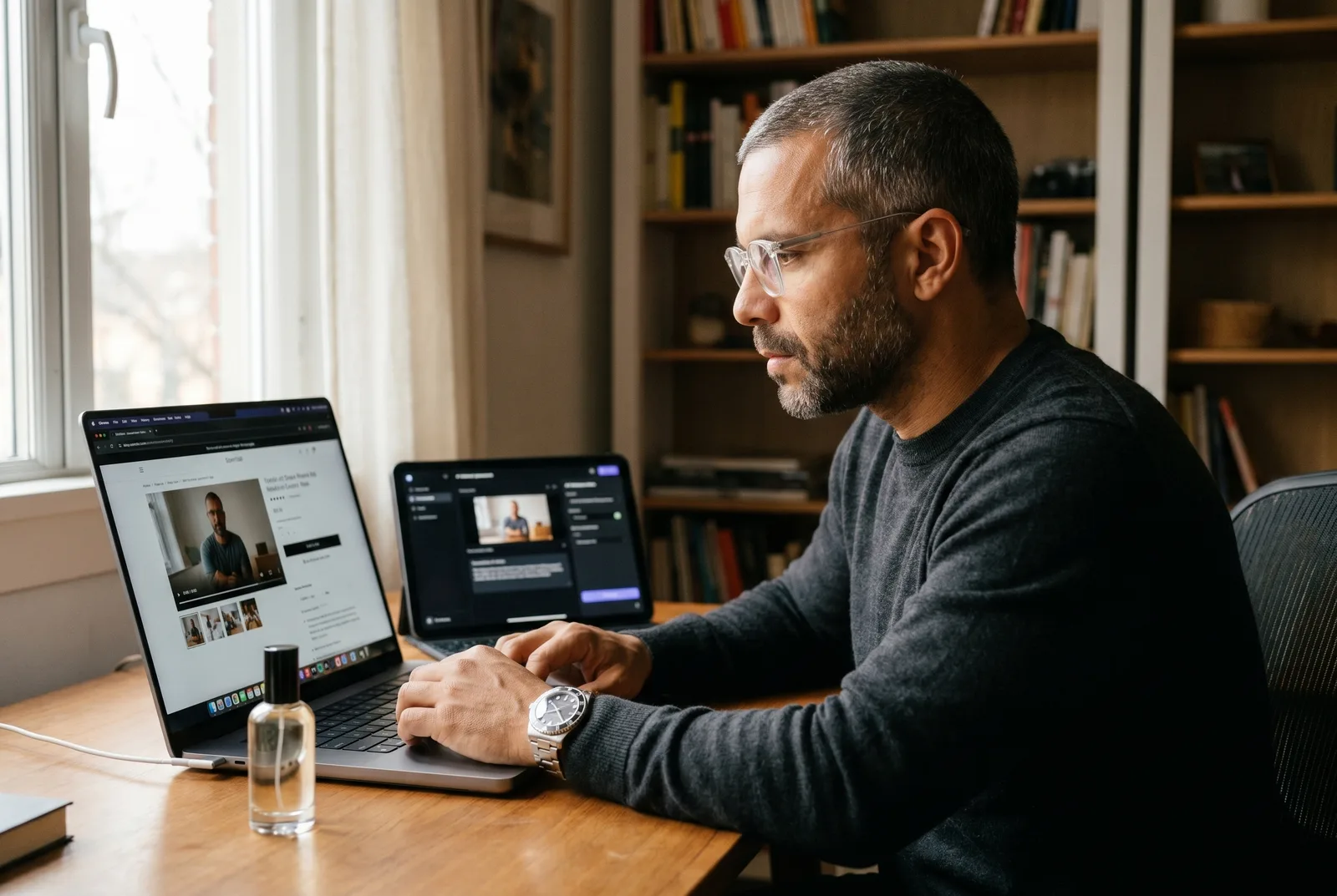 An Amazon seller reviewing a vertical product video inside the listing carousel on a laptop next to a Playcut chat panel rendering a product hero shot