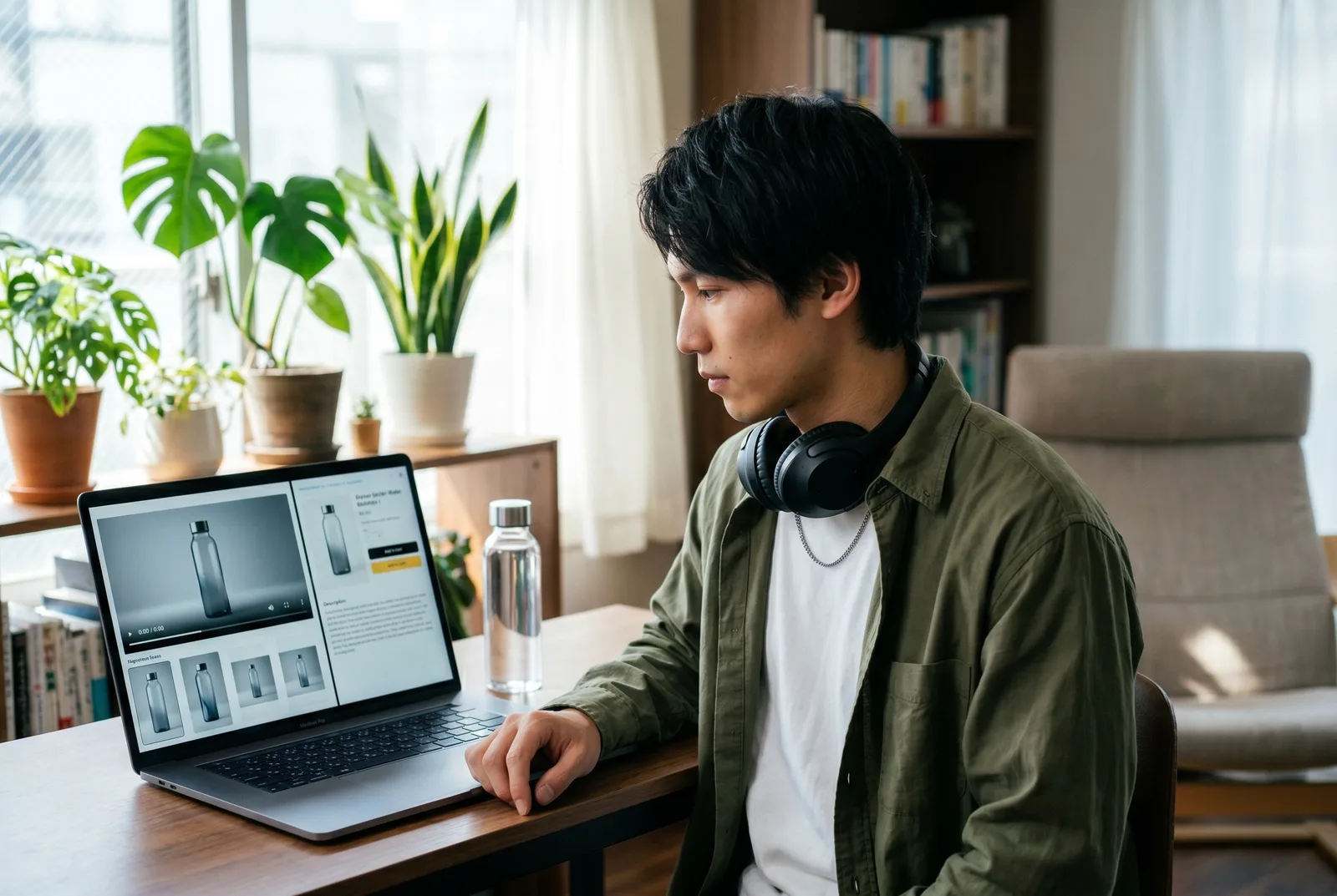 Shopify store owner reviewing an AI-generated product video on a laptop next to the live product page, with the same clip cut to vertical and square aspect ratios for ad placements