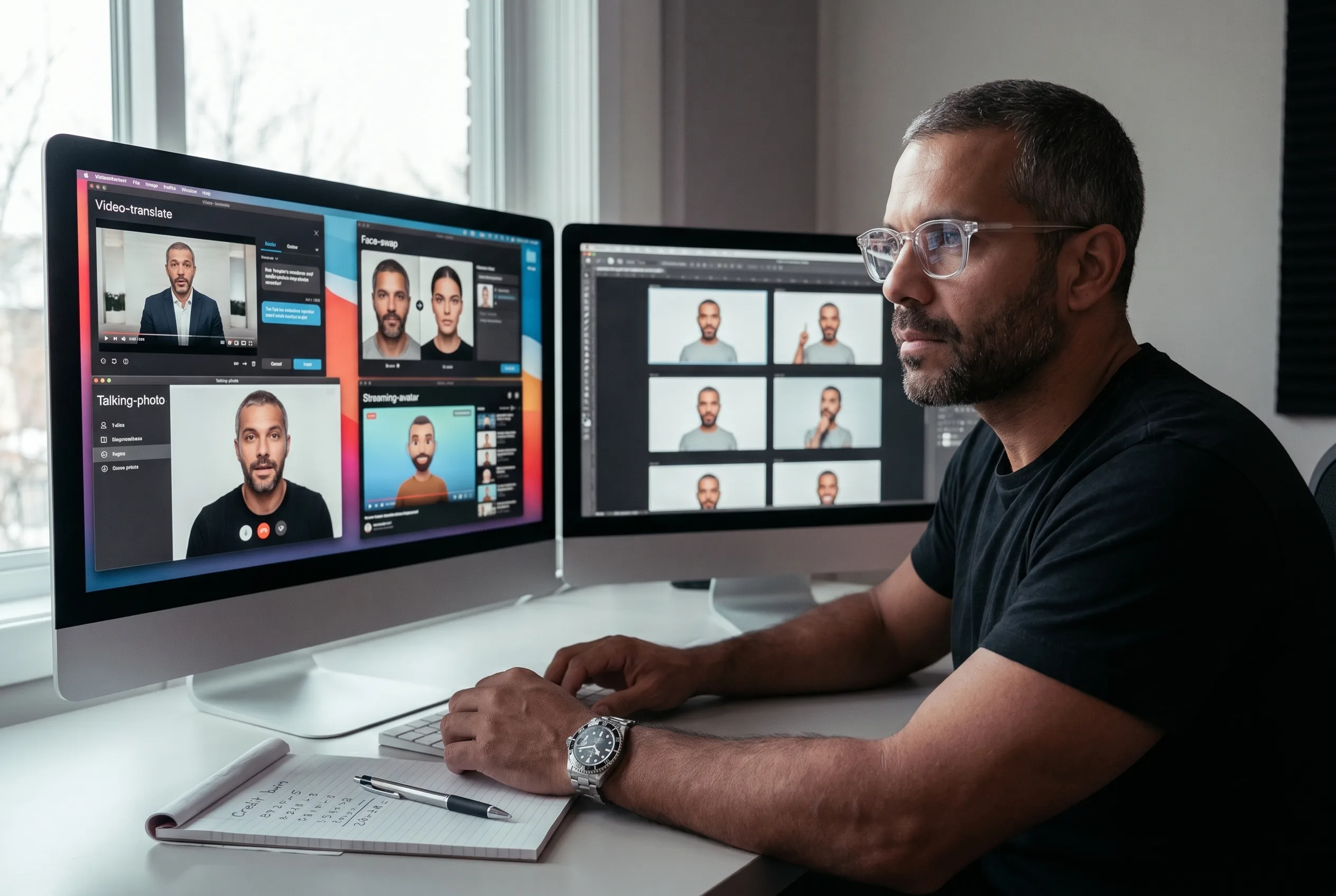 Andre Laurent, a creative agency founder, comparing Akool alternatives at a dual-monitor desk with a sprawl of separate translate, face swap, talking photo, and streaming avatar tool windows on one screen and a single unified actor workspace on the other, a handwritten credit-burn notepad in frame, rendered by the Playcut Actor Engine