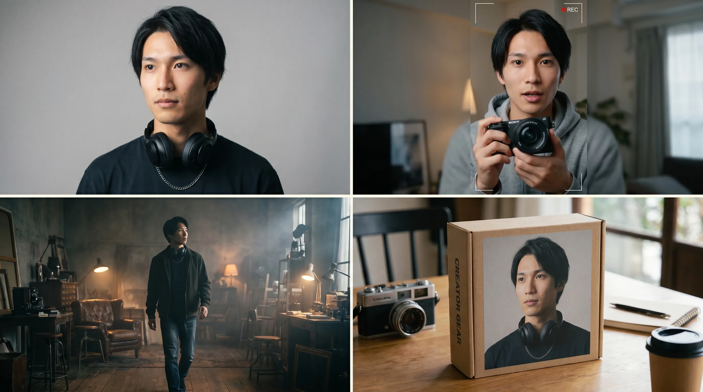 One Playcut AI actor held identical across a studio still, a 9:16 UGC ad frame, a cinematic wide frame, and an on-product composite, rendered by the Playcut Actor Engine