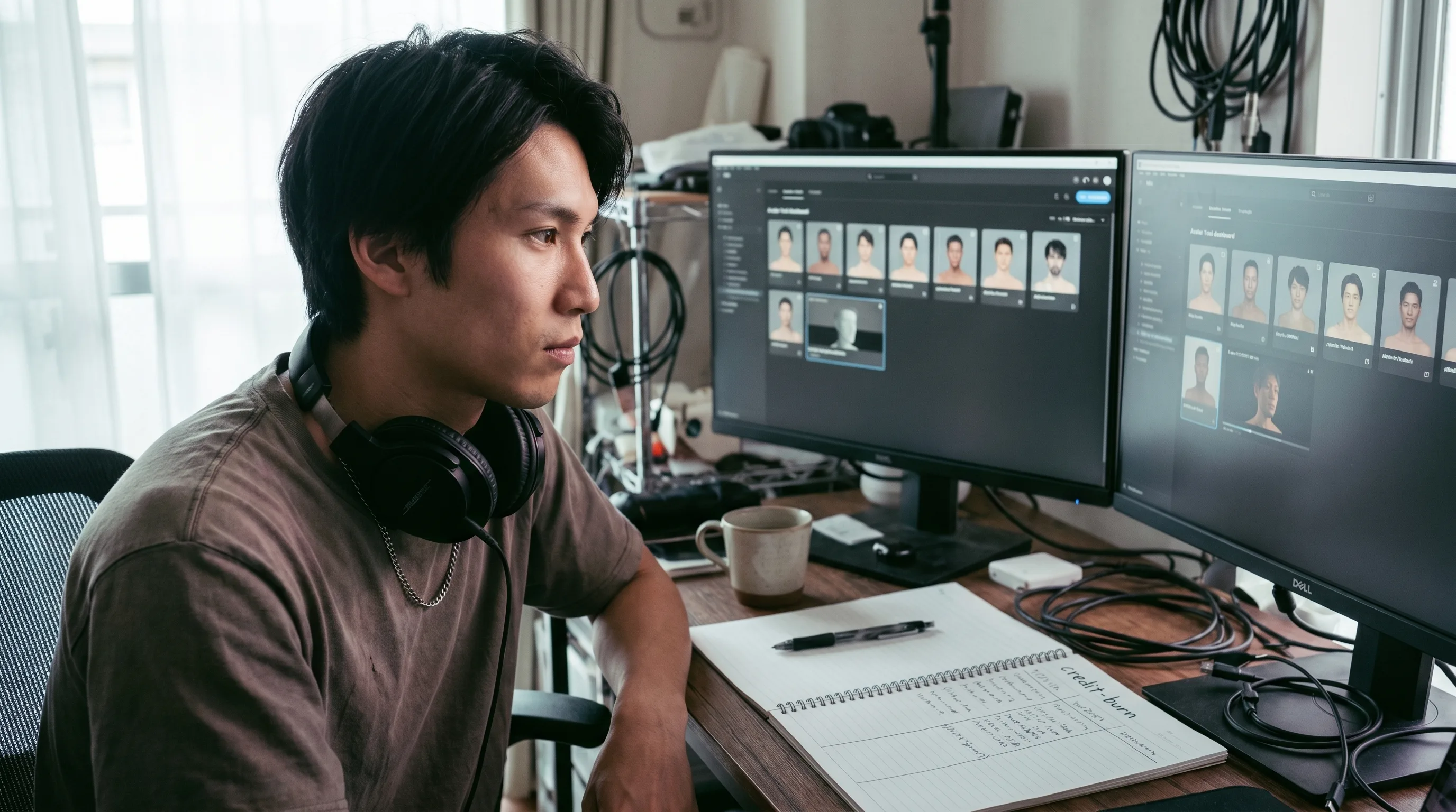 Kai Tanaka, an indie creator, testing seven Akool alternatives side by side at a dual-monitor bench with avatar tool dashboards open and a handwritten credit-burn notebook in frame, rendered by the Playcut Actor Engine