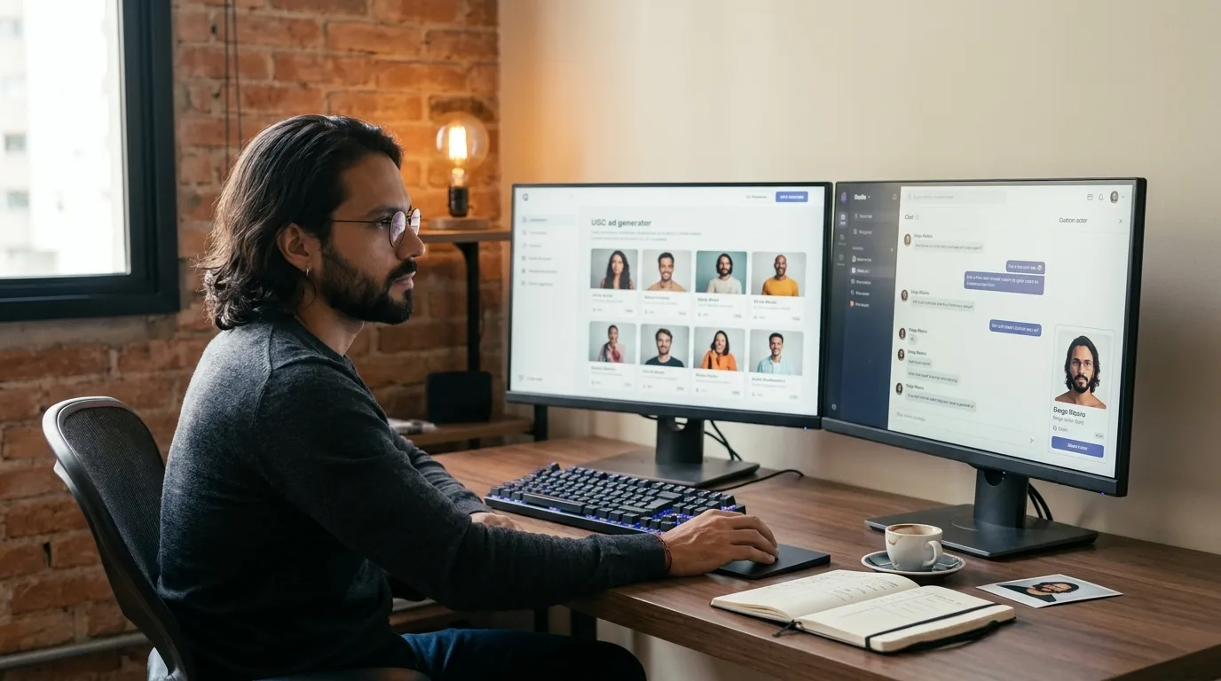 Wolfgang Tillmans-style editorial portrait of Diego Ribeiro at his São Paulo workstation deciding between Arcads AI and Playcut AI on two side-by-side monitors, with 100% character consistency visible across both screens, rendered by the Playcut Actor Engine