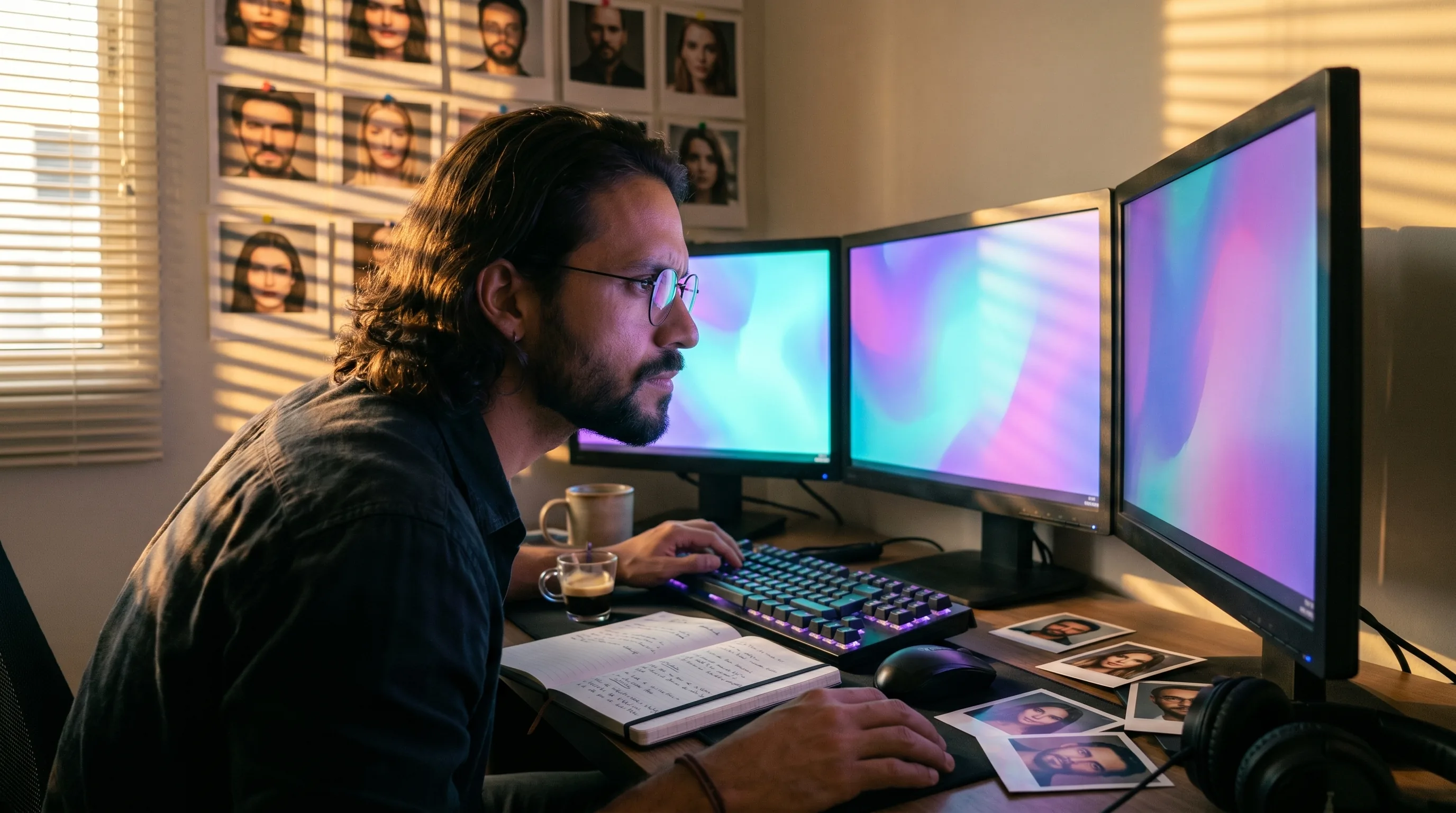 Annie Leibovitz-meets-Gregory Crewdson cinematic editorial portrait of Diego Ribeiro, a São Paulo performance-marketing AI ad operator in three-quarter side profile, lit by warm São Paulo golden-hour window light from the left and cool cyan-violet-pink glow spilling from three active multi-monitor screens on the right, desk strewn with espresso mug, Moleskine shot-list notes, backlit mechanical keyboard, and scattered Polaroid prints, wall behind covered in pinned UGC ad printouts of recurring Playcut AI actor variants, Playcut Imagen generation