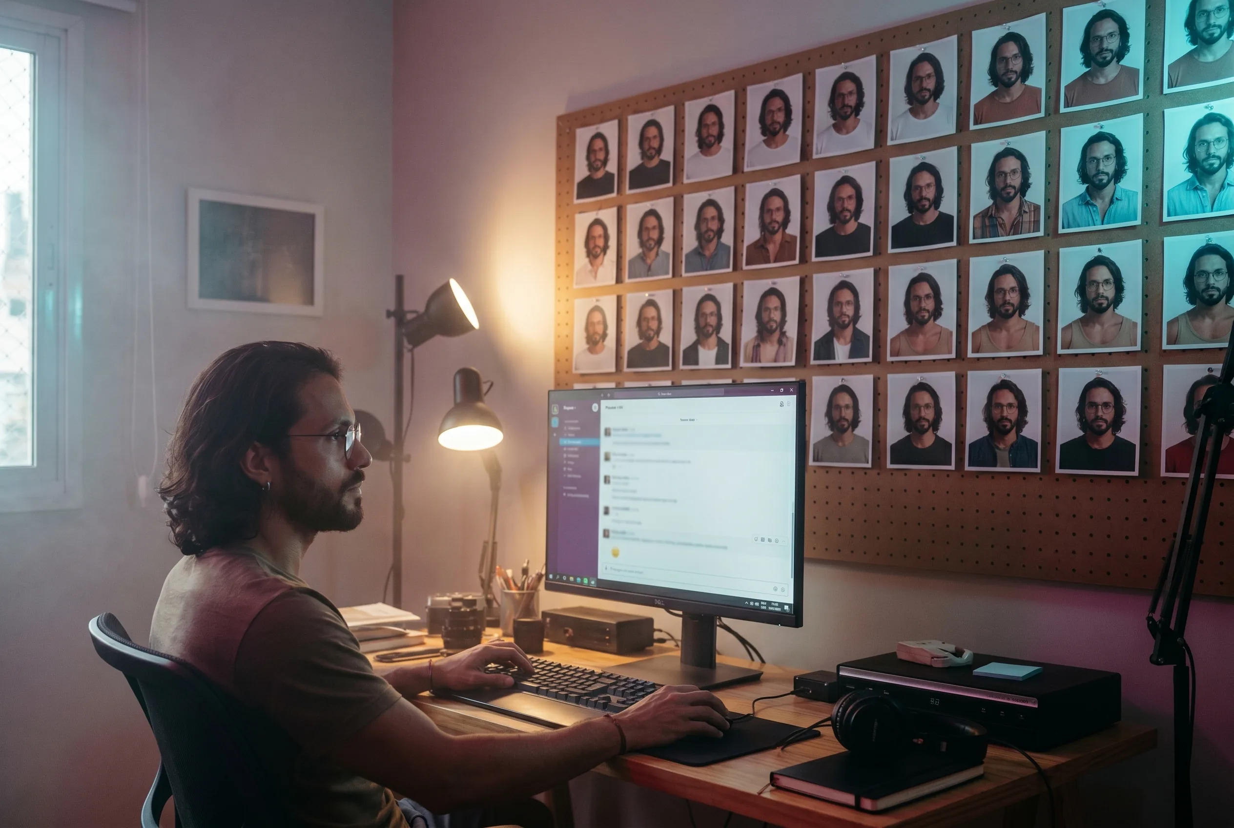 A São Paulo AI ad operator at his field-monitor workstation reviewing a long pegboard wall pinned with 30 small printouts of the same recurring branded actor across hook variants, late-afternoon practical light, Playcut Imagen generation