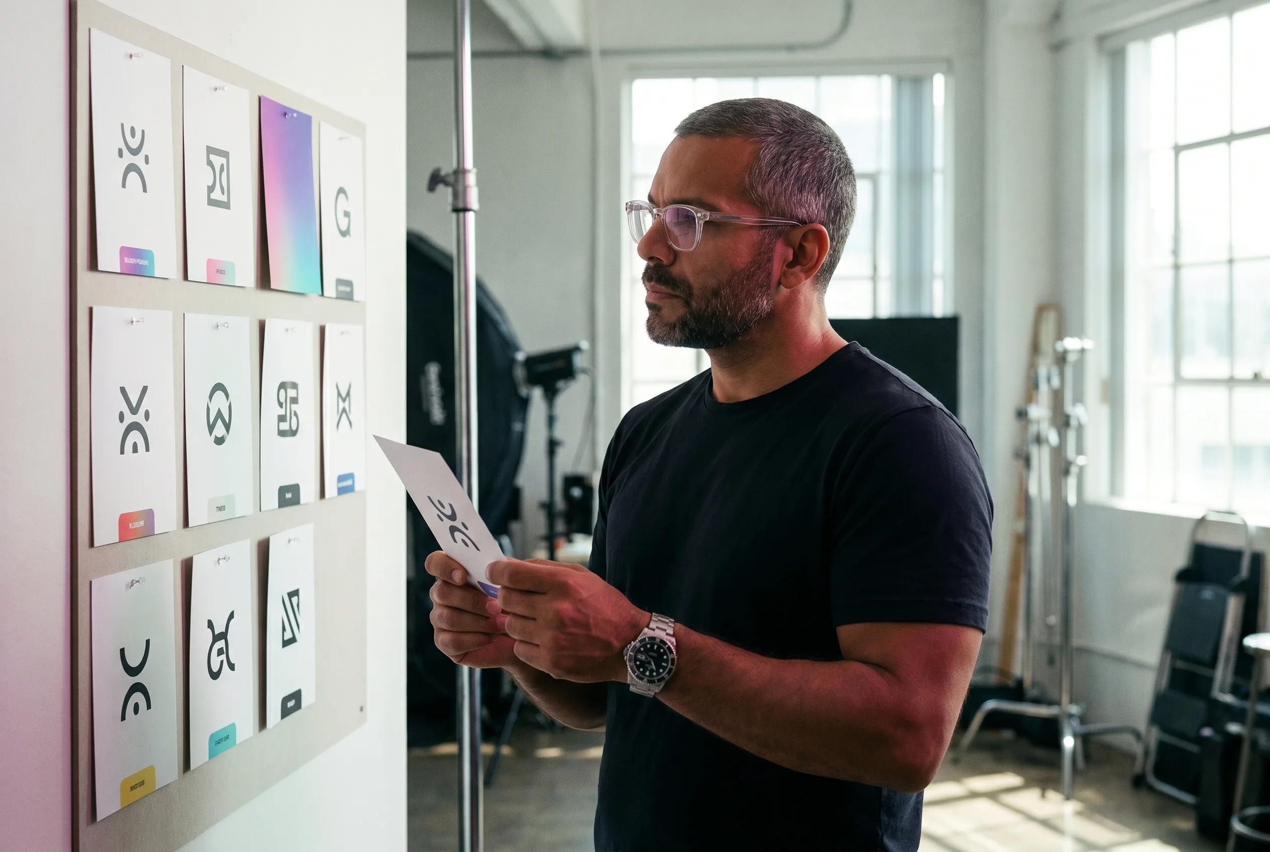 Creative director reviewing a ranked comparison board of the best AI avatar generators of 2026, with eight tool cards pinned to a studio wall, each tagged with the use case it wins