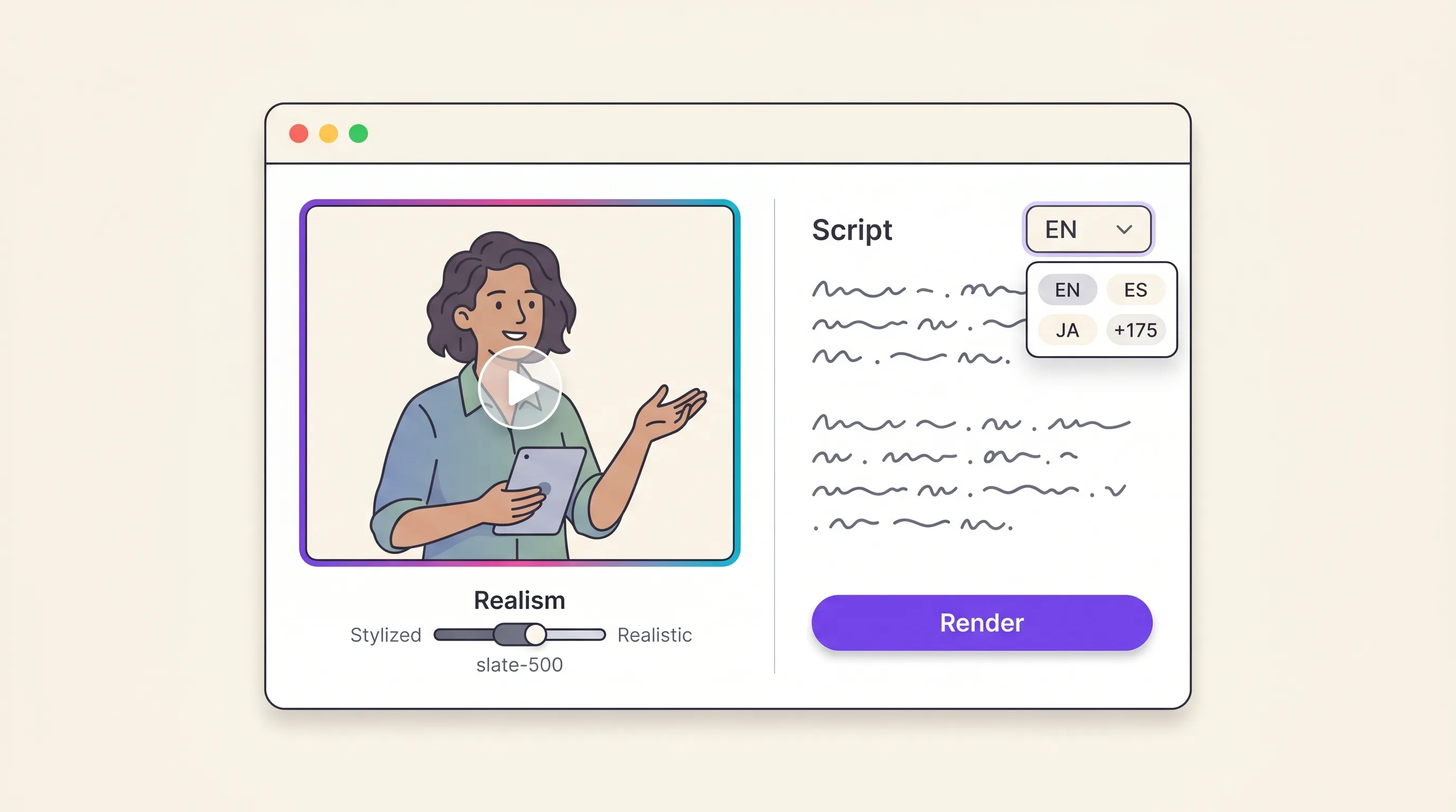 Talking-head avatar video editor interface showing a presenter avatar beside a script panel, a language selector, and a render button