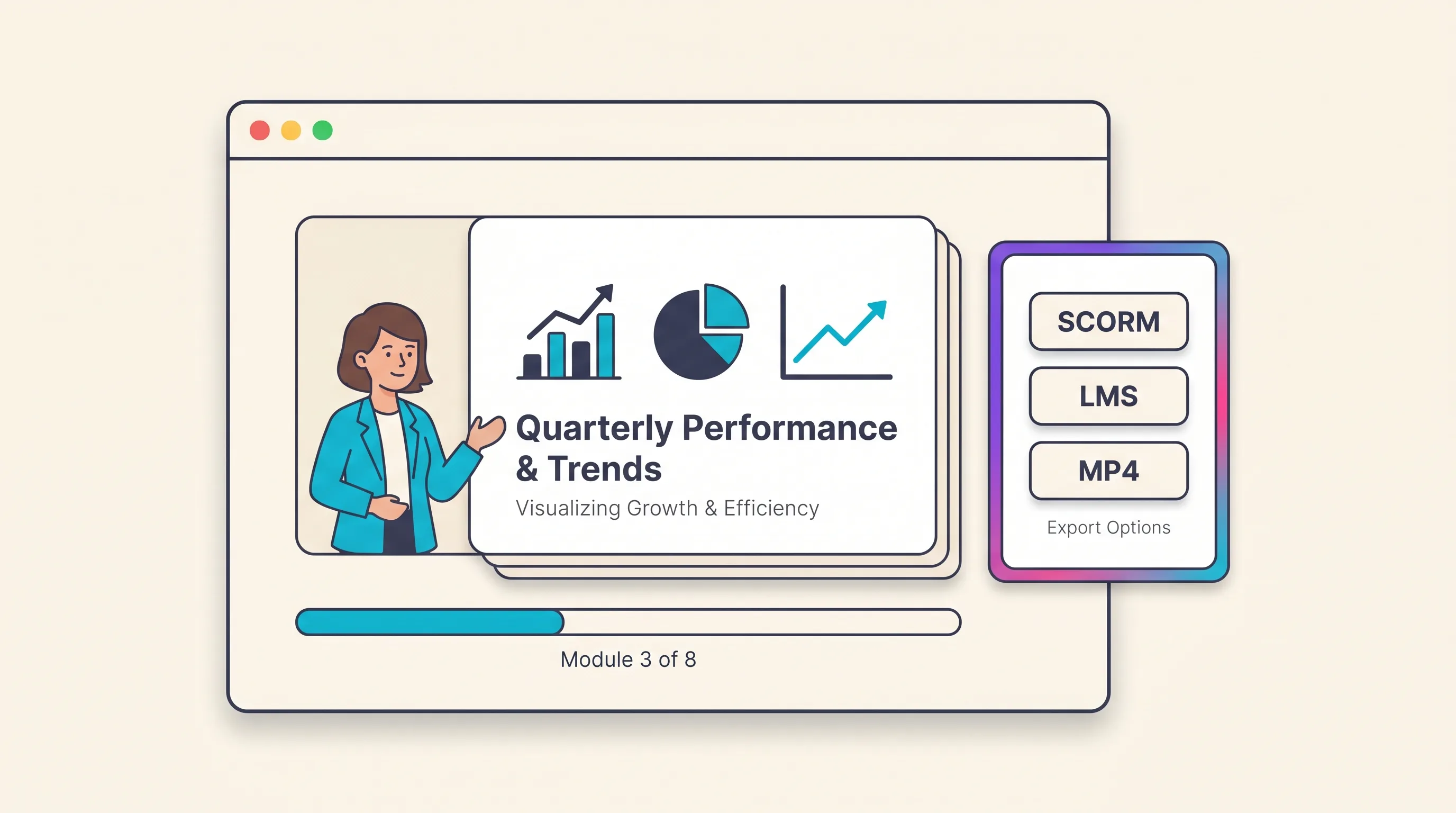 Enterprise training-video interface showing a presenter avatar beside a slide deck and an export panel listing SCORM and LMS options
