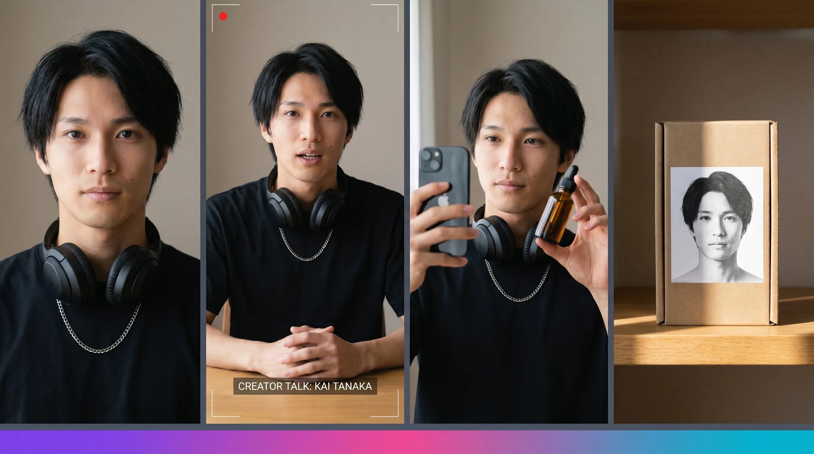 The same saved AI actor across four surfaces in one strip — studio portrait, talking-head video frame, vertical UGC read, and on-product shot — rendered by the Playcut Actor Engine