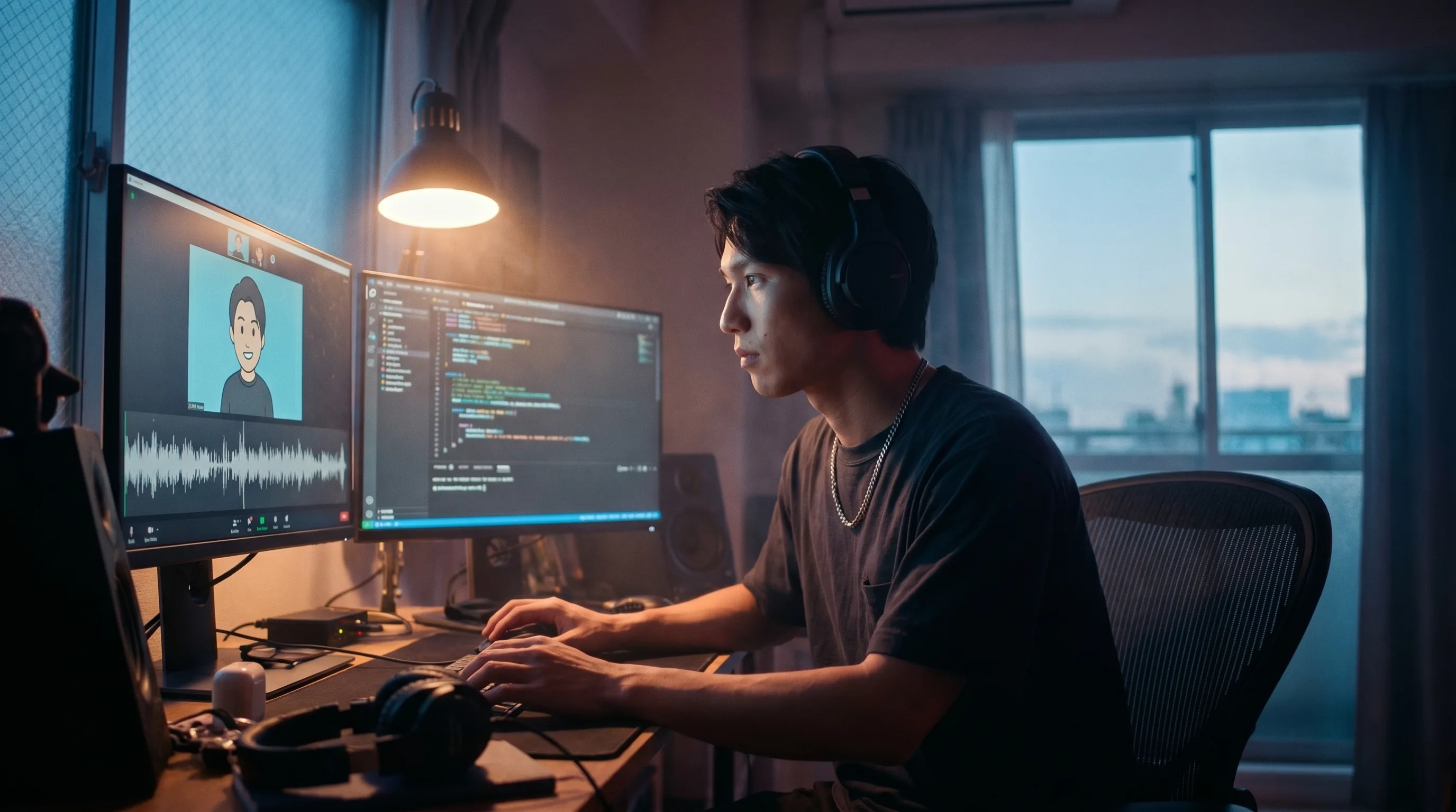Developer testing a real-time conversational avatar at a dual-monitor workstation, with a live video call window on one screen and an API console on the other