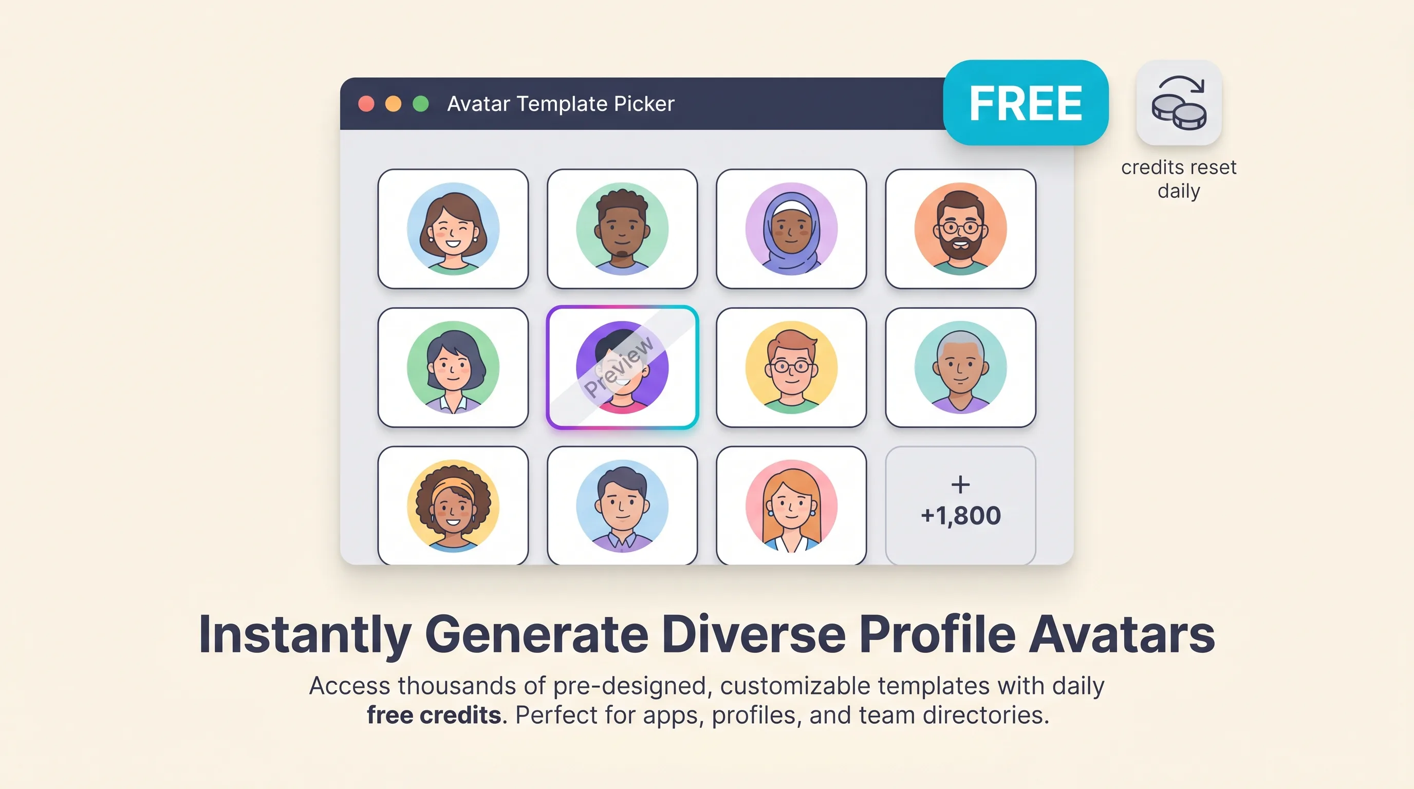 Avatar gallery grid with a free-tier badge, a daily credit counter, and a watermark notice on a template picker interface