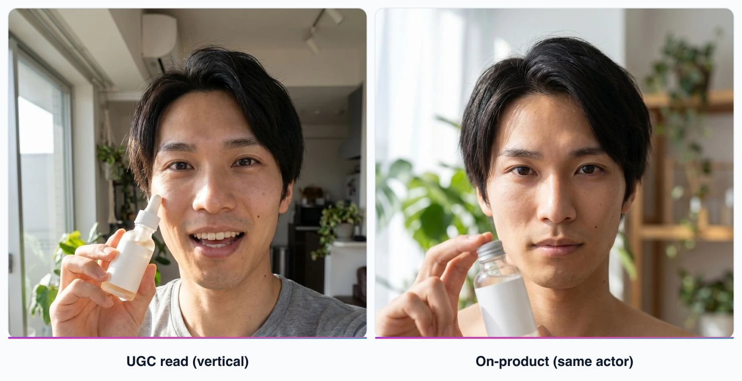 The same saved AI actor delivering a vertical UGC product read in one frame and holding the same product in the next, demonstrating one face held across two formats, rendered by the Playcut Actor Engine