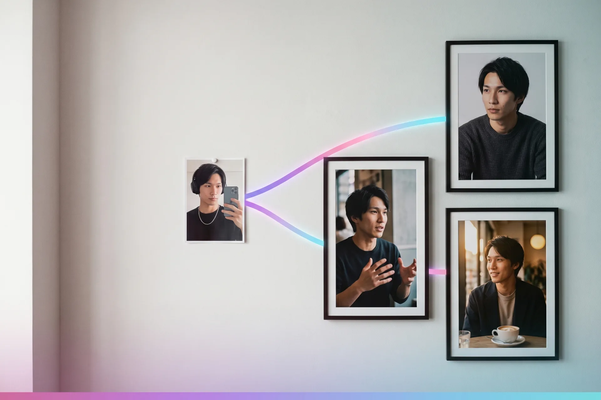 Creating an AI avatar from a photo: one casual selfie on the left transforming into the same consistent avatar across a studio portrait, a vertical talking-head frame, and a café scene on the right, the identity held in every output by the Playcut Actor Engine