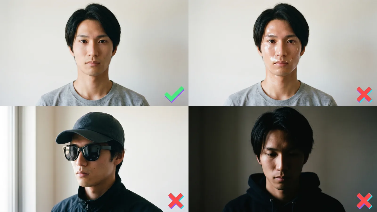 Good-versus-bad reference photo grid: a front-facing, well-lit photo marked as usable beside filtered, sunglasses-occluded, and low-light rejects with checklist marks