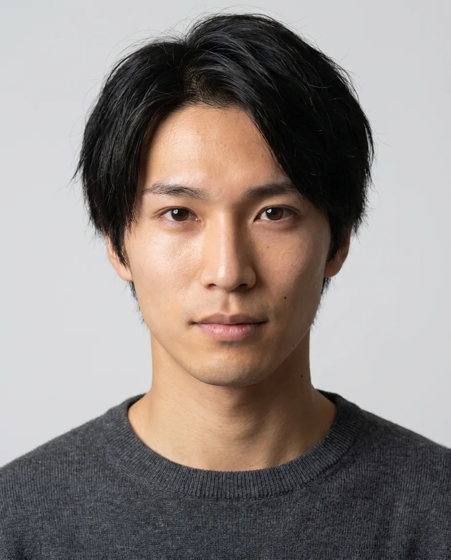 Studio headshot of the avatar built from the source photo — charcoal sweater against a grey seamless backdrop, the first walkthrough output, generated by the Playcut Actor Engine in 18.4 seconds
