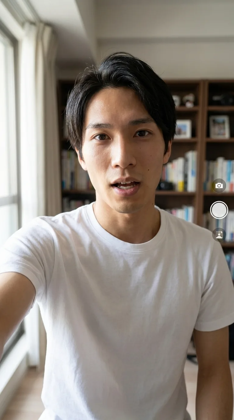 Vertical talking-head frame of the same avatar mid-sentence at arm's length, bookshelf softly blurred behind him — the lip-sync register tested in the walkthrough