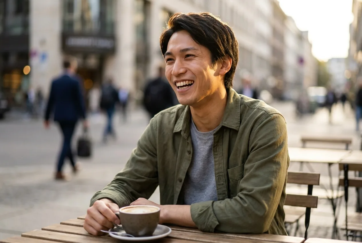 The same avatar laughing at a café table with a flat white at golden hour — the third walkthrough register, still recognizably the face from the source photo